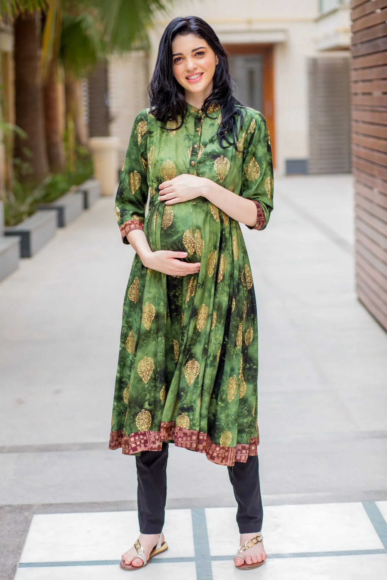 Emerald Green Gold Maternity & Nursing Kurta - Chenance