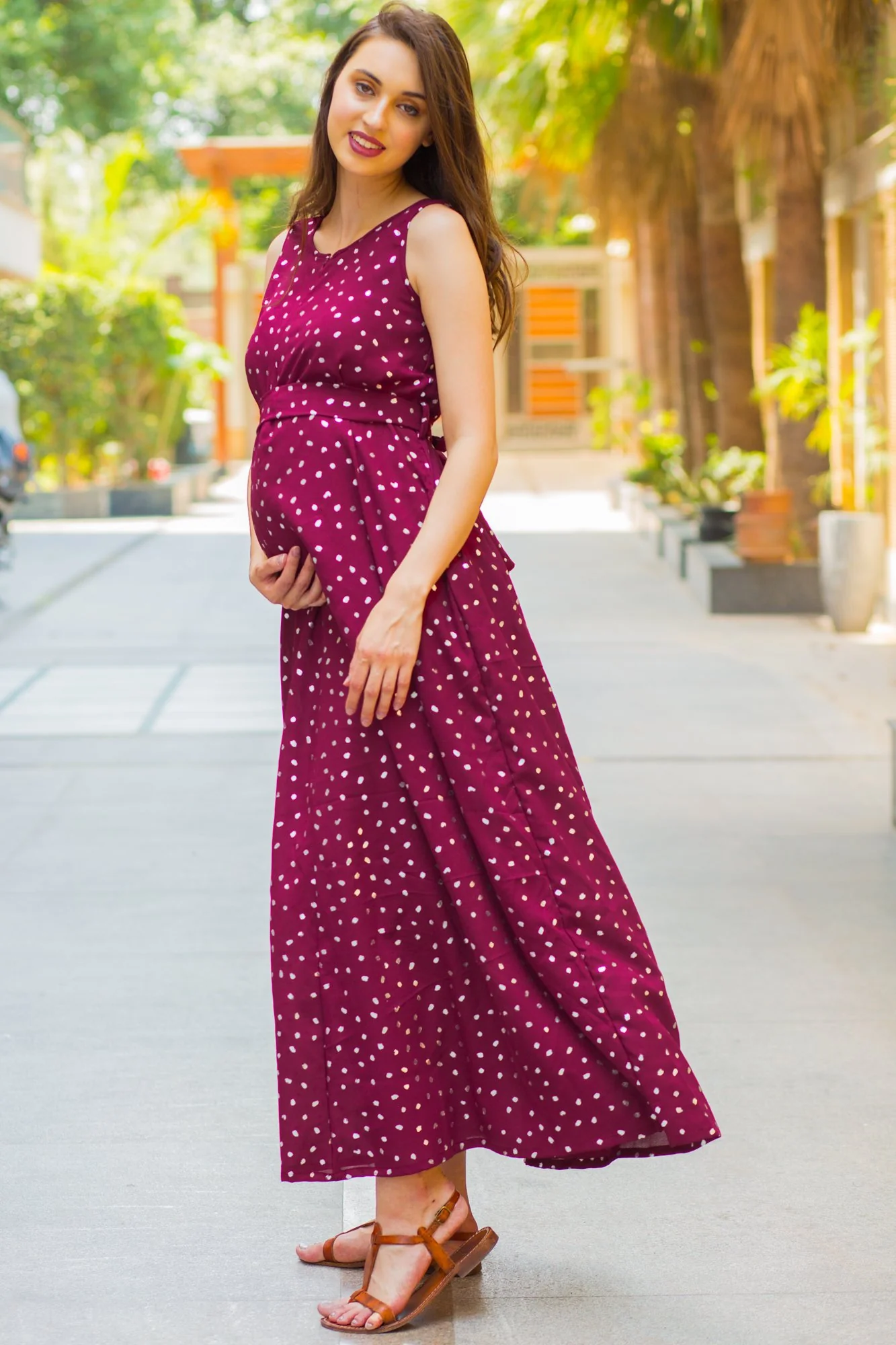 Burgundy Silver Embellished Sleeveless Maternity & Nursing Maxi Dress - Chenance