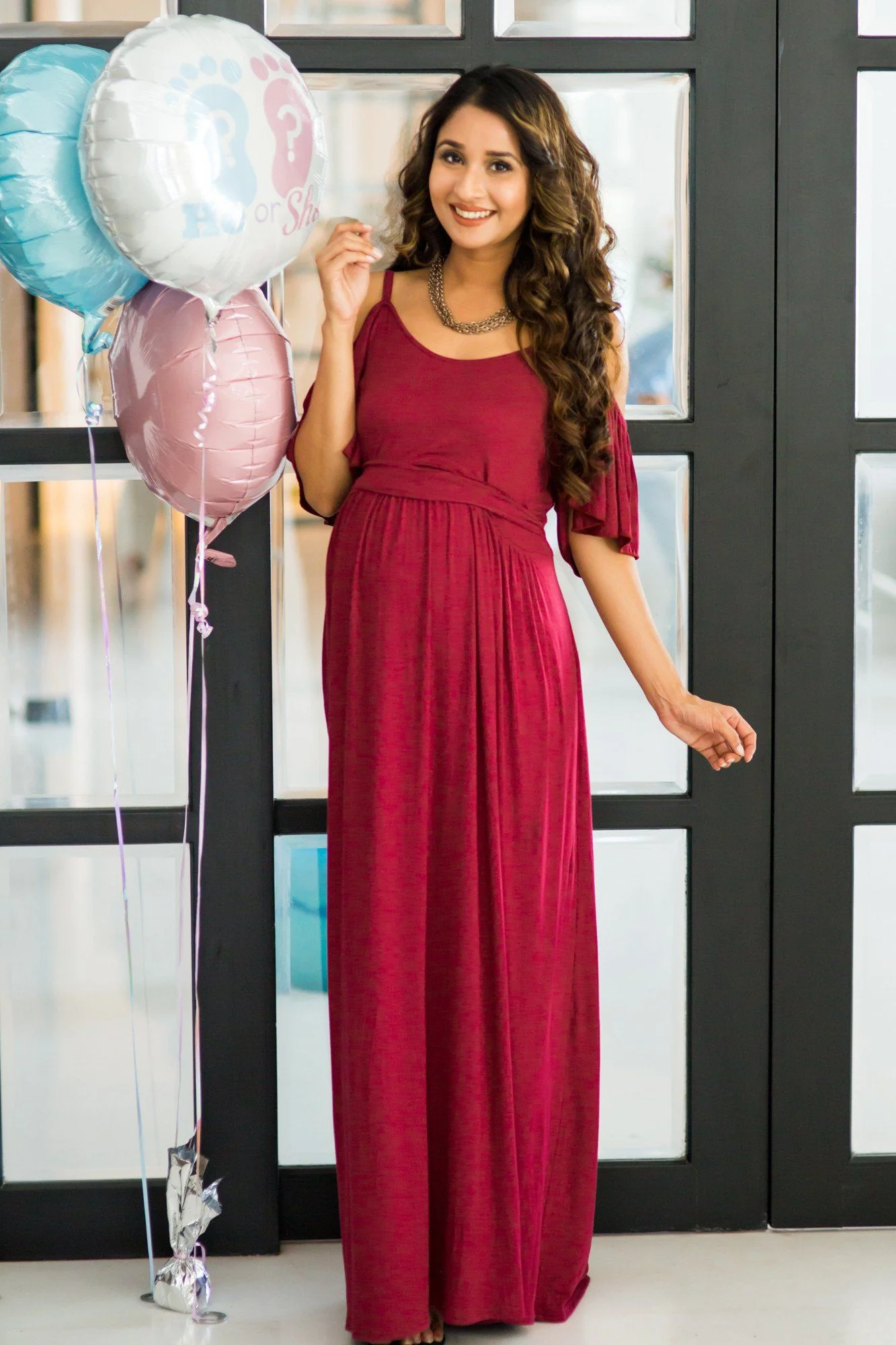 Burgandy Cold Shoulder Maternity Maxi Dress - Chenance