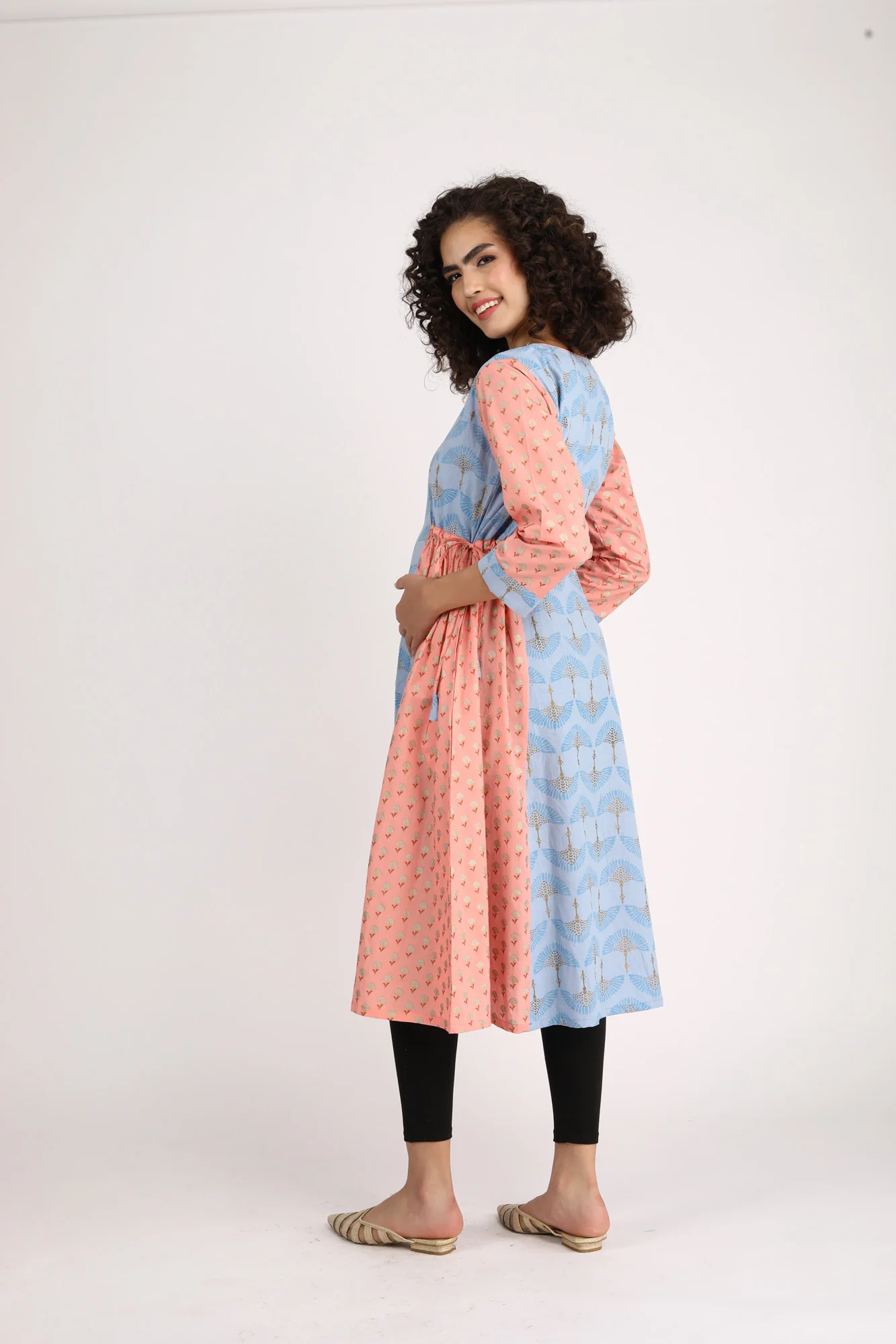 Ice Blue Gold Peach Maternity & Nursing Side Tie Kurta Dress (100% Cotton) - Chenance