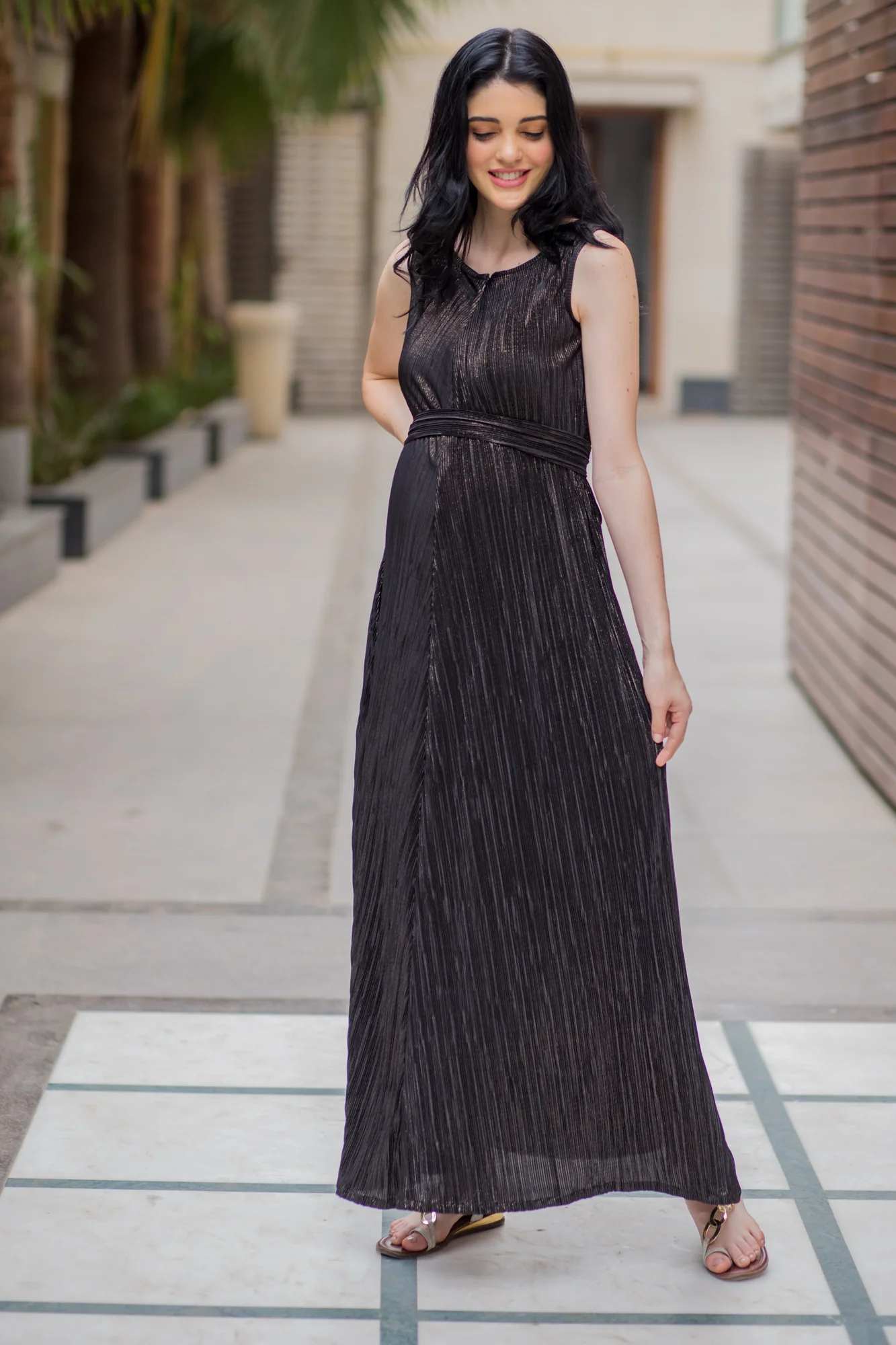 Exclusive Black Gold Pleated Maternity & Nursing Dress - Chenance