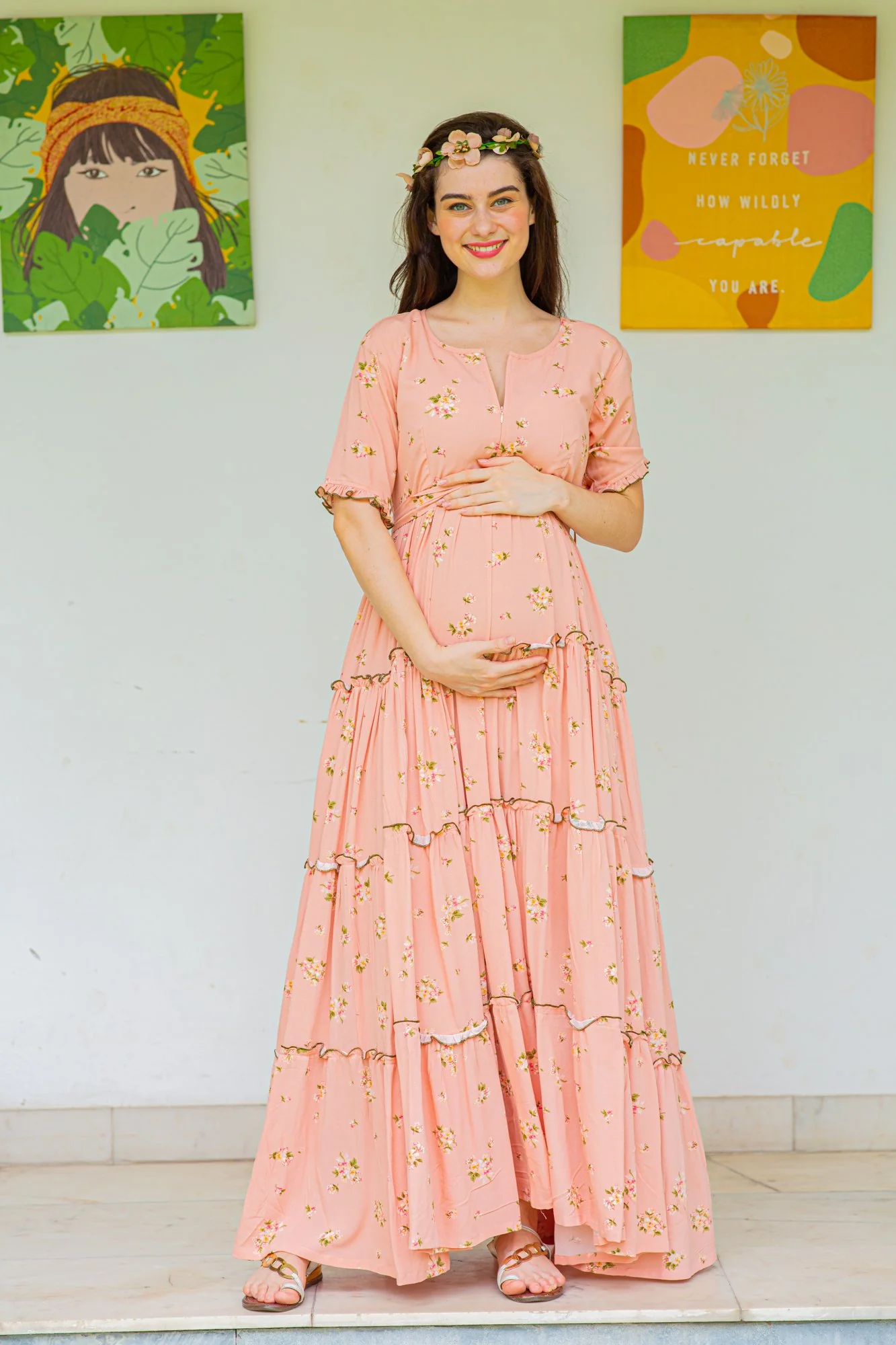 Peach Garden Frill Maternity & Nursing Dress - Chenance