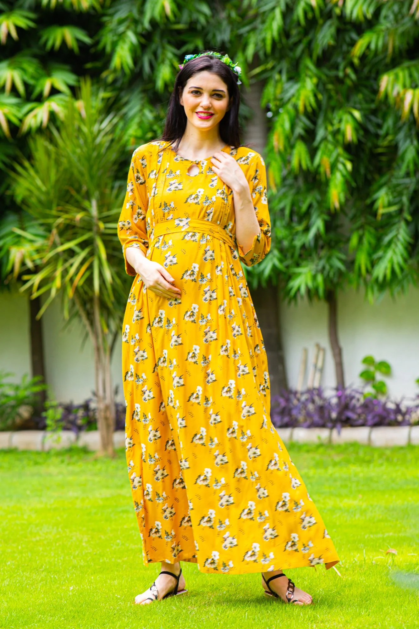 Marigold Pintucks Concealed Zips Maternity & Nursing Dress - Chenance