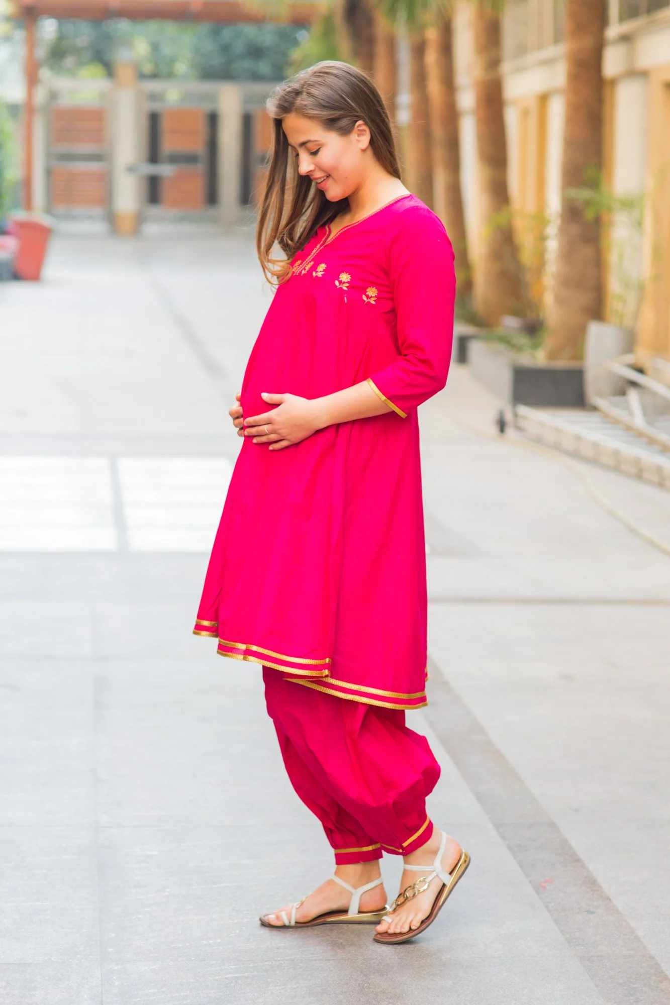 Premium Fuchsia Maternity & Nursing Kurta With Pleated Salwar (2 pc) - Chenance