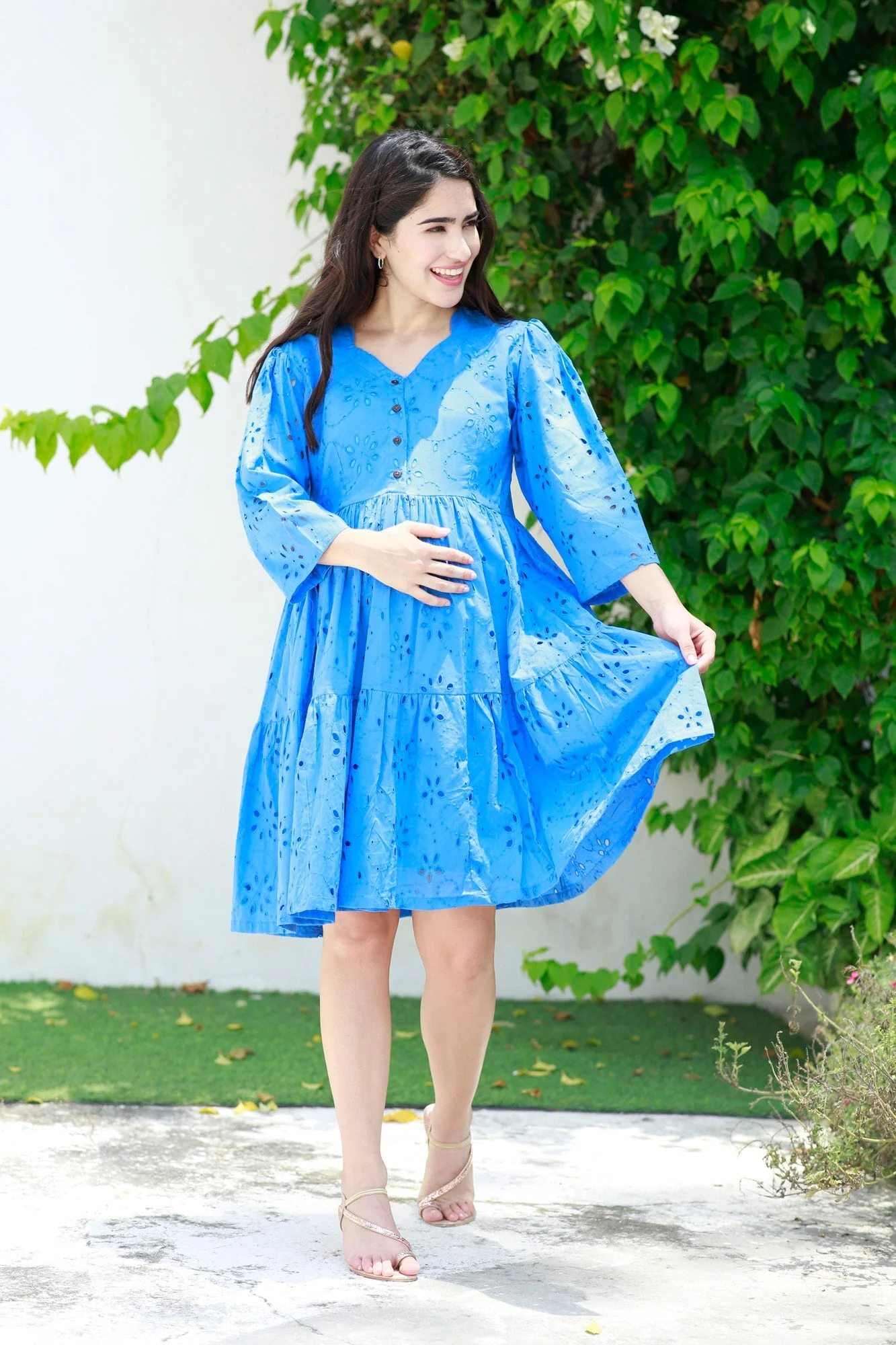 Pretty Cobalt Blue Maternity & Nursing Dress (100% Cotton) - Chenance