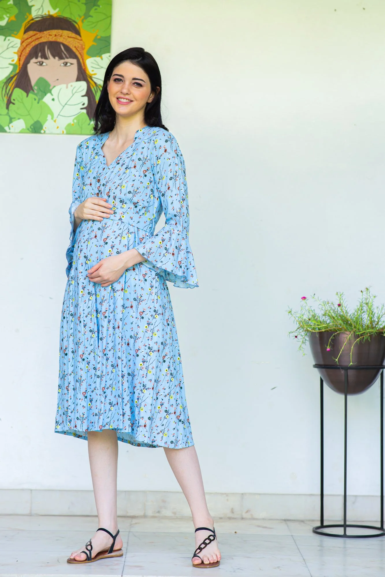 Sky Blue Flair Maternity and Nursing Dress - Chenance