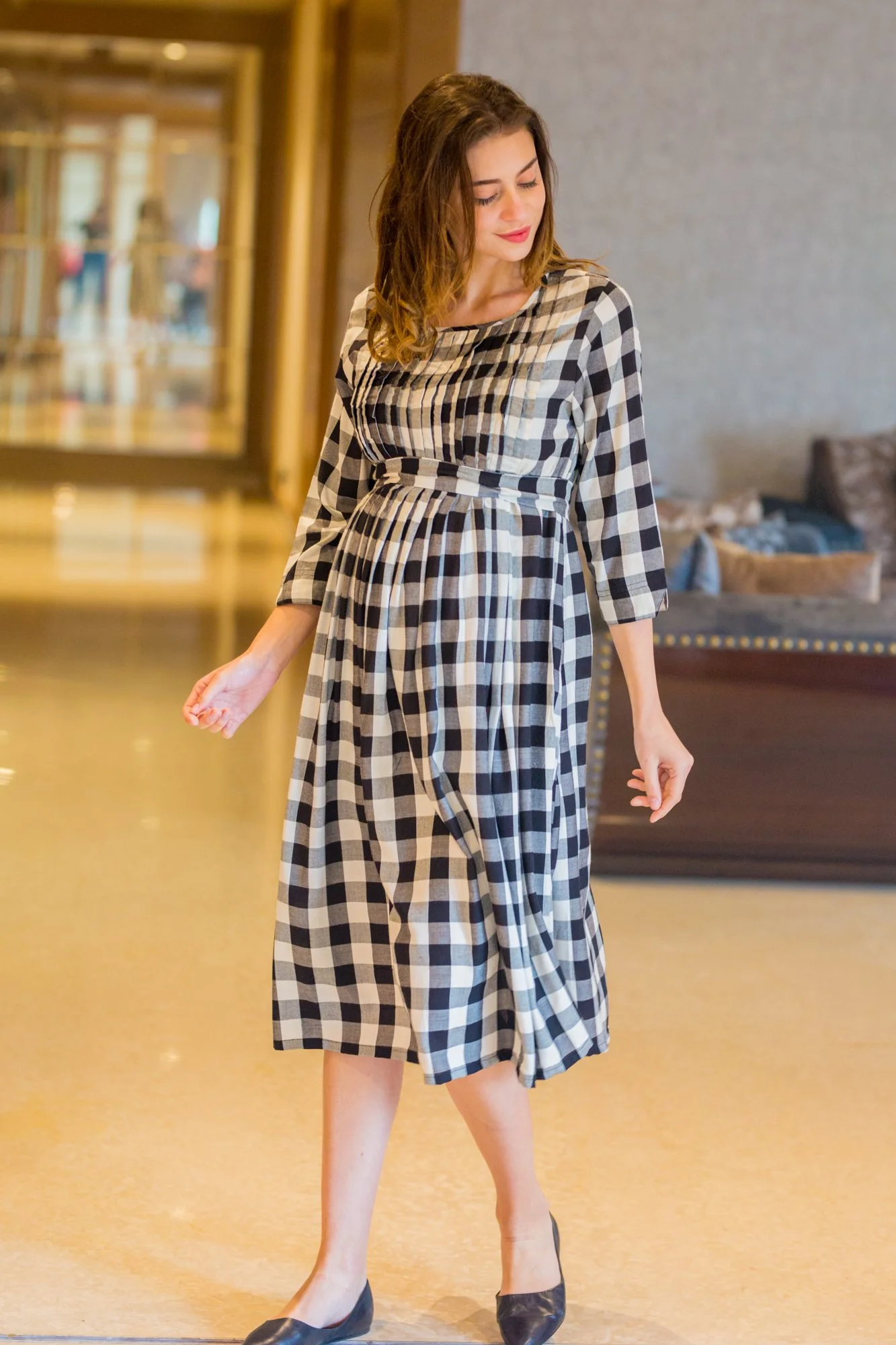 Nautical Plaid Pintucks Nursing Dress - Chenance