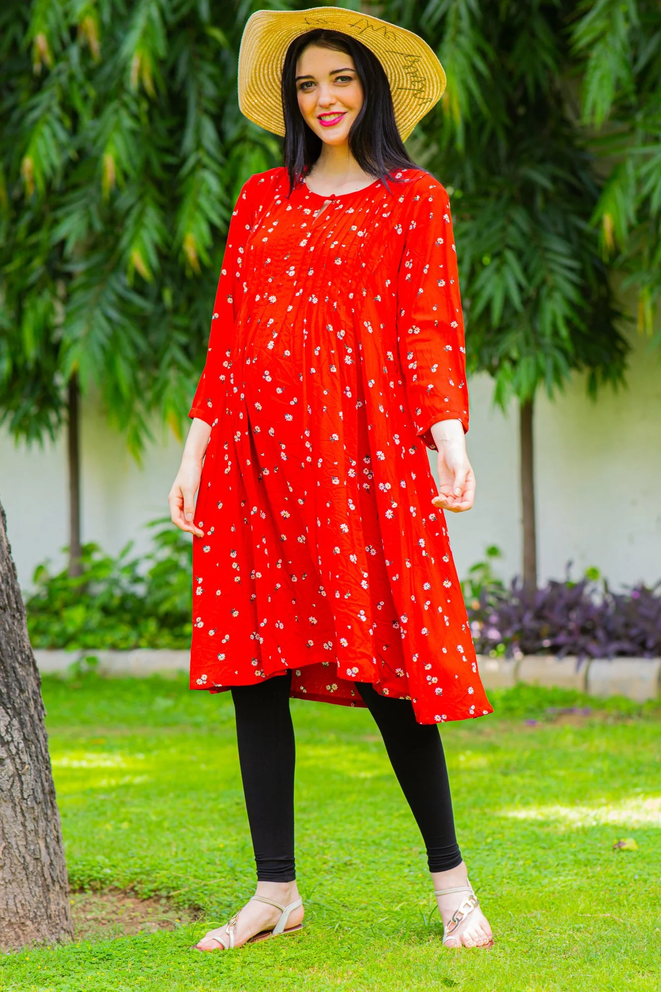 Crimson Red Maternity & Nursing Pintucks Dress - Chenance