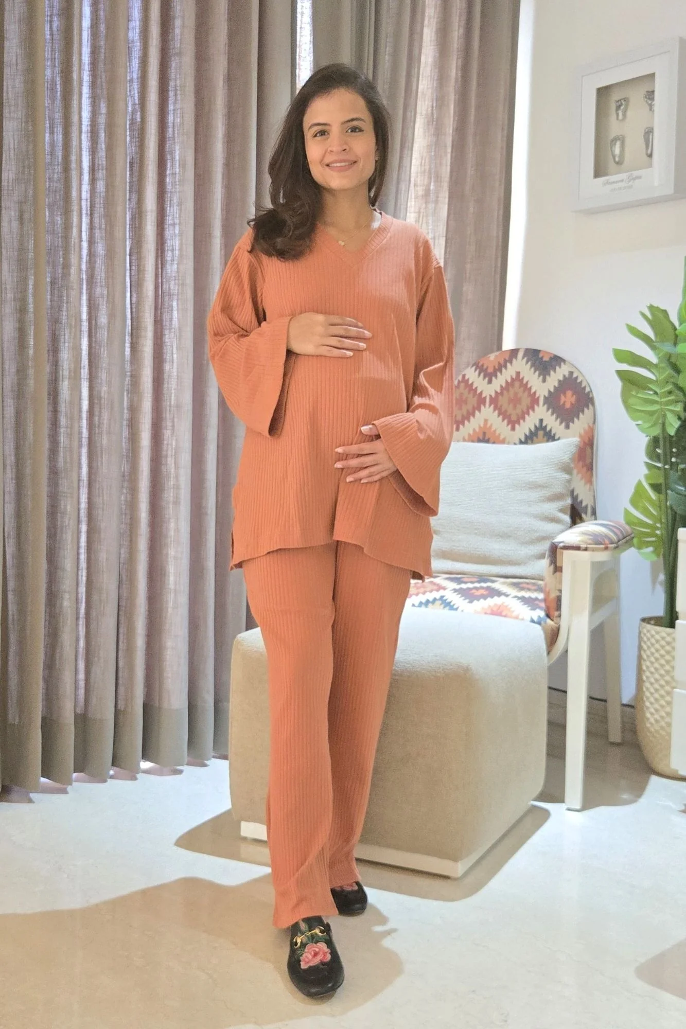 Ribbed Rust Maternity Stretchable Coord Set (2 pc) - Chenance