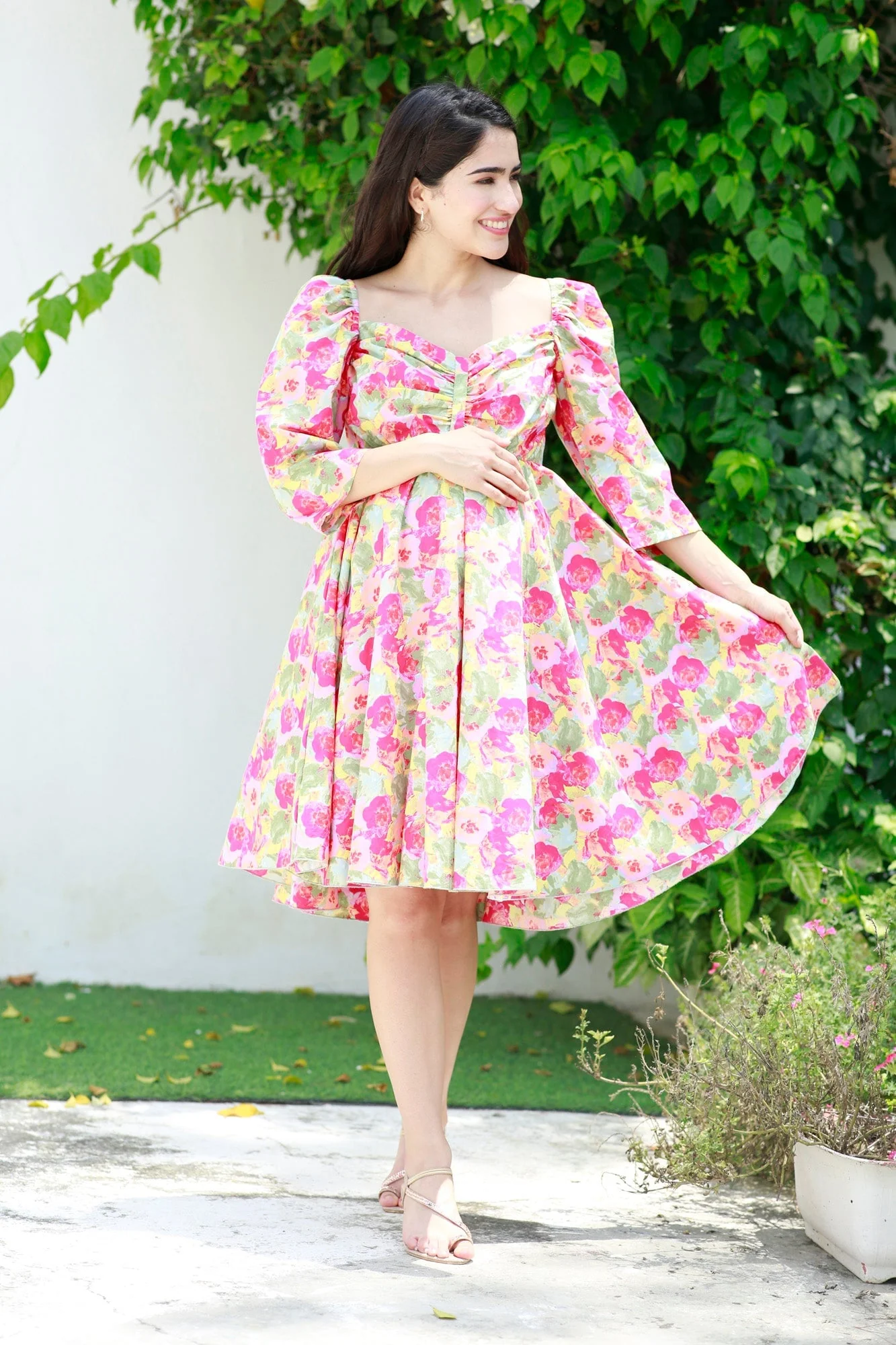 Victoria Flamingo Rosy Pink Maternity Knee Dress (100% Cotton) - Chenance