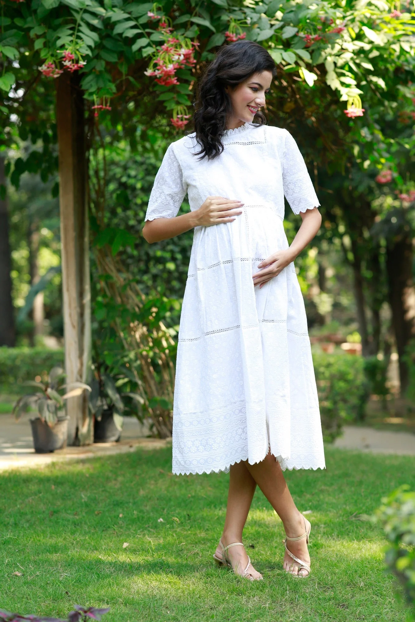 Paradise Daisy White Maternity & Nursing Dress (100% Cotton) - Chenance