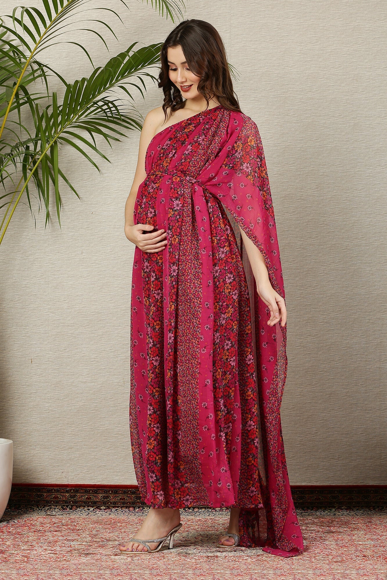 Luxe Fuchsia Blooming Bouquet One Shoulder Maternity & Nursing Gown - Chenance