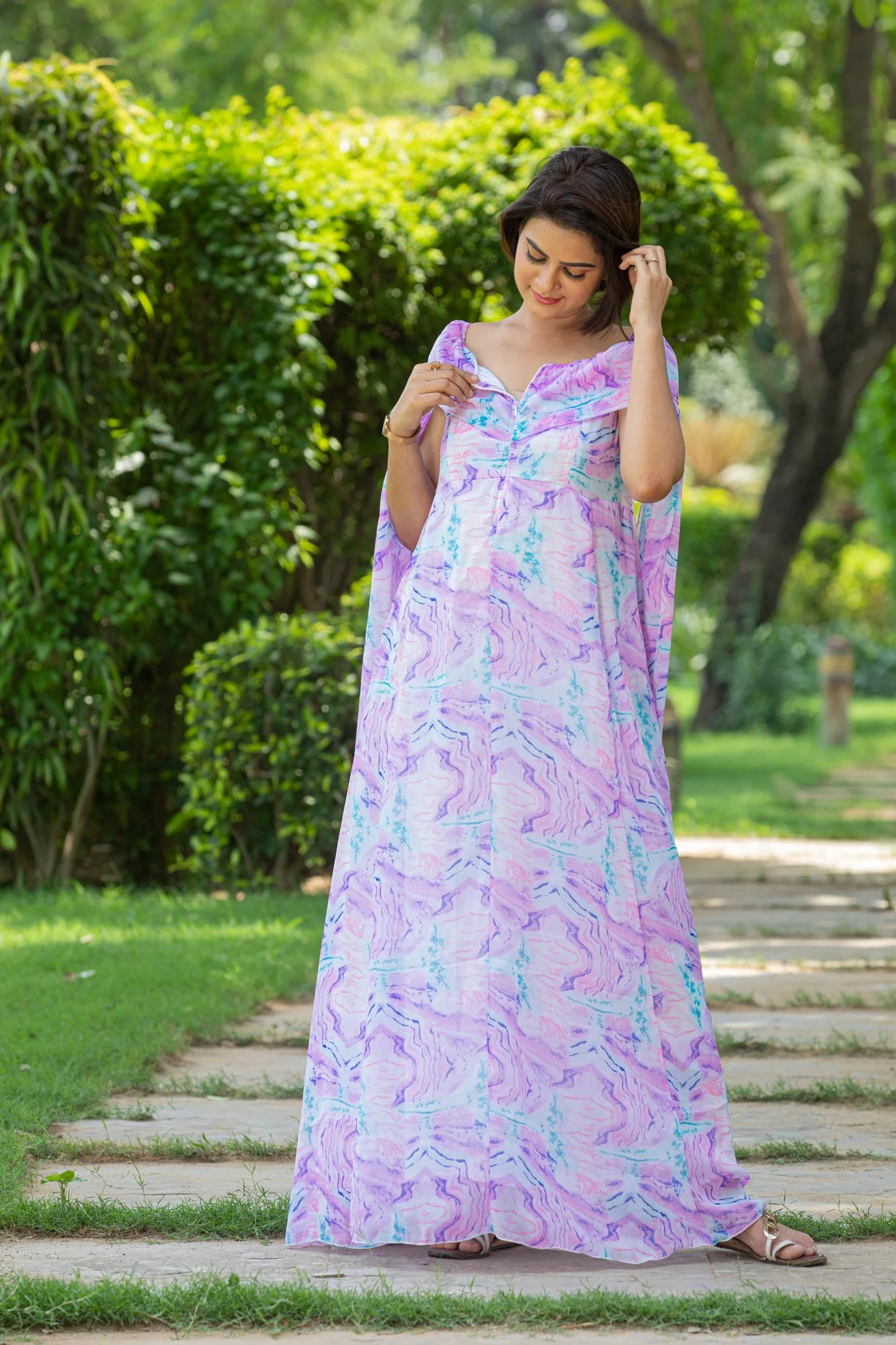 Lilac Breezy Flying Sleeves Maternity & Nursing Dress - Chenance