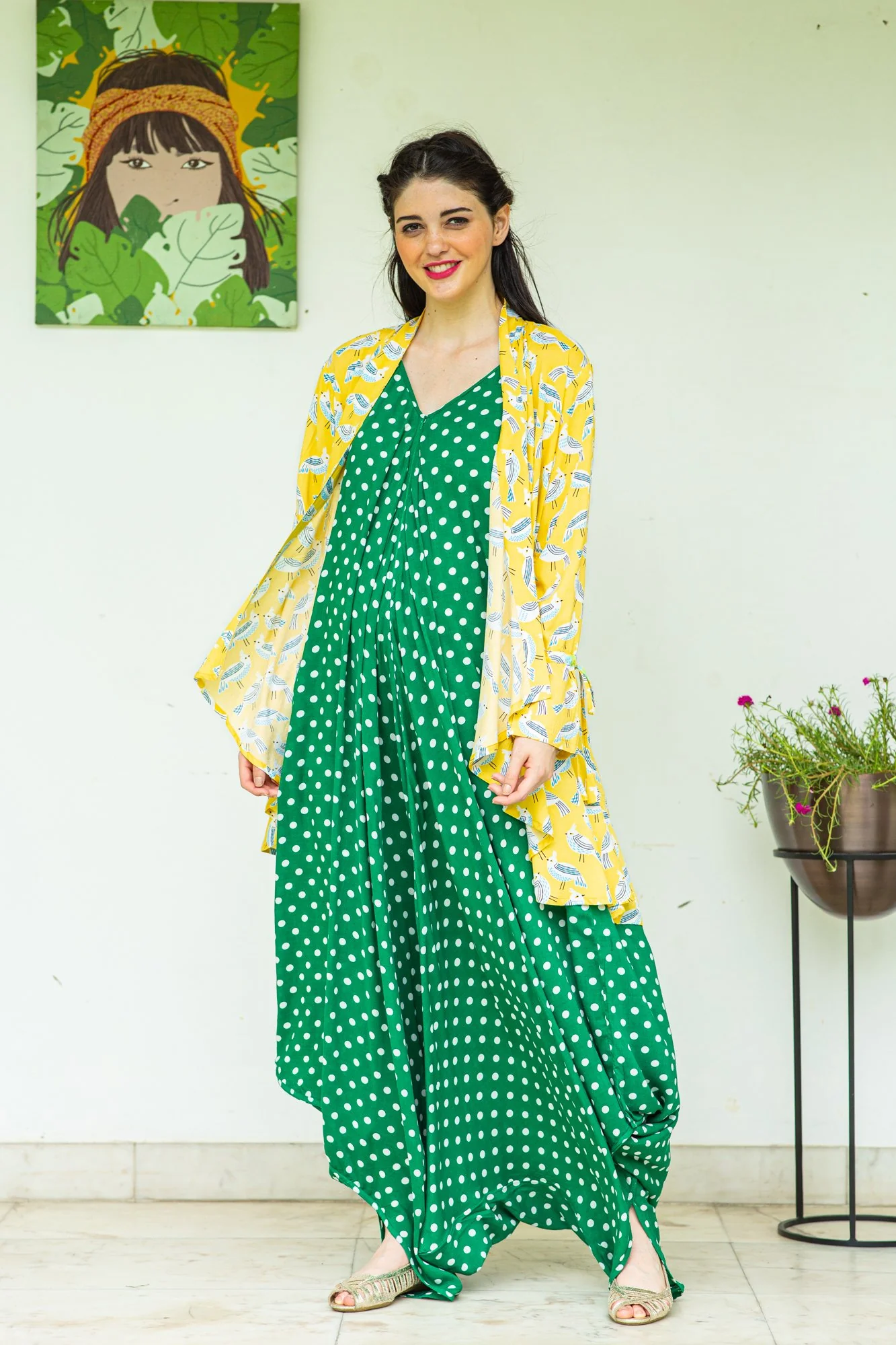 Set of 2 - Emerald Green Polka Cotton Maternity Jumpsuit with Cover Up - Chenance