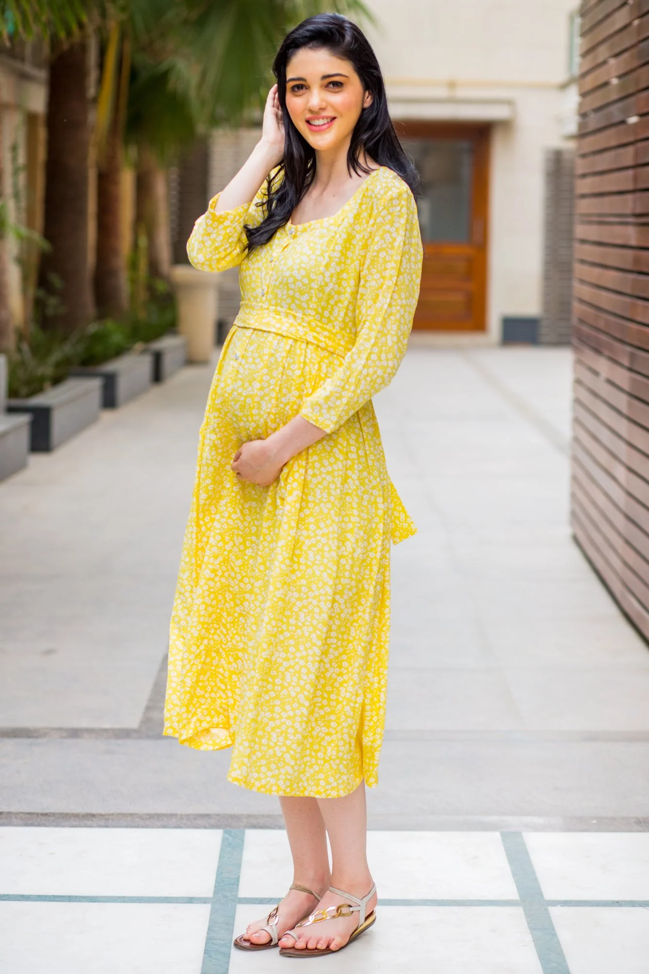 Joyful Yellow Pocket Maternity & Nursing Dress - Chenance