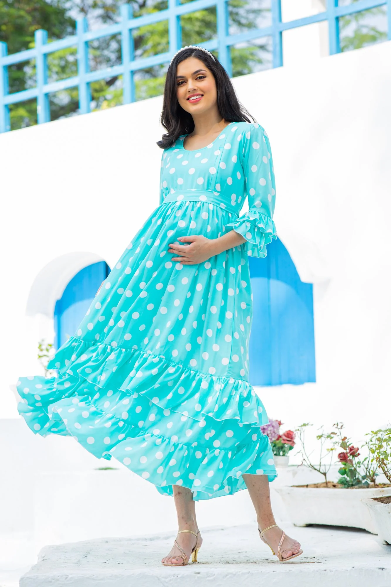Classic Turquoise Polka Maternity & Nursing Frill Dress - Chenance