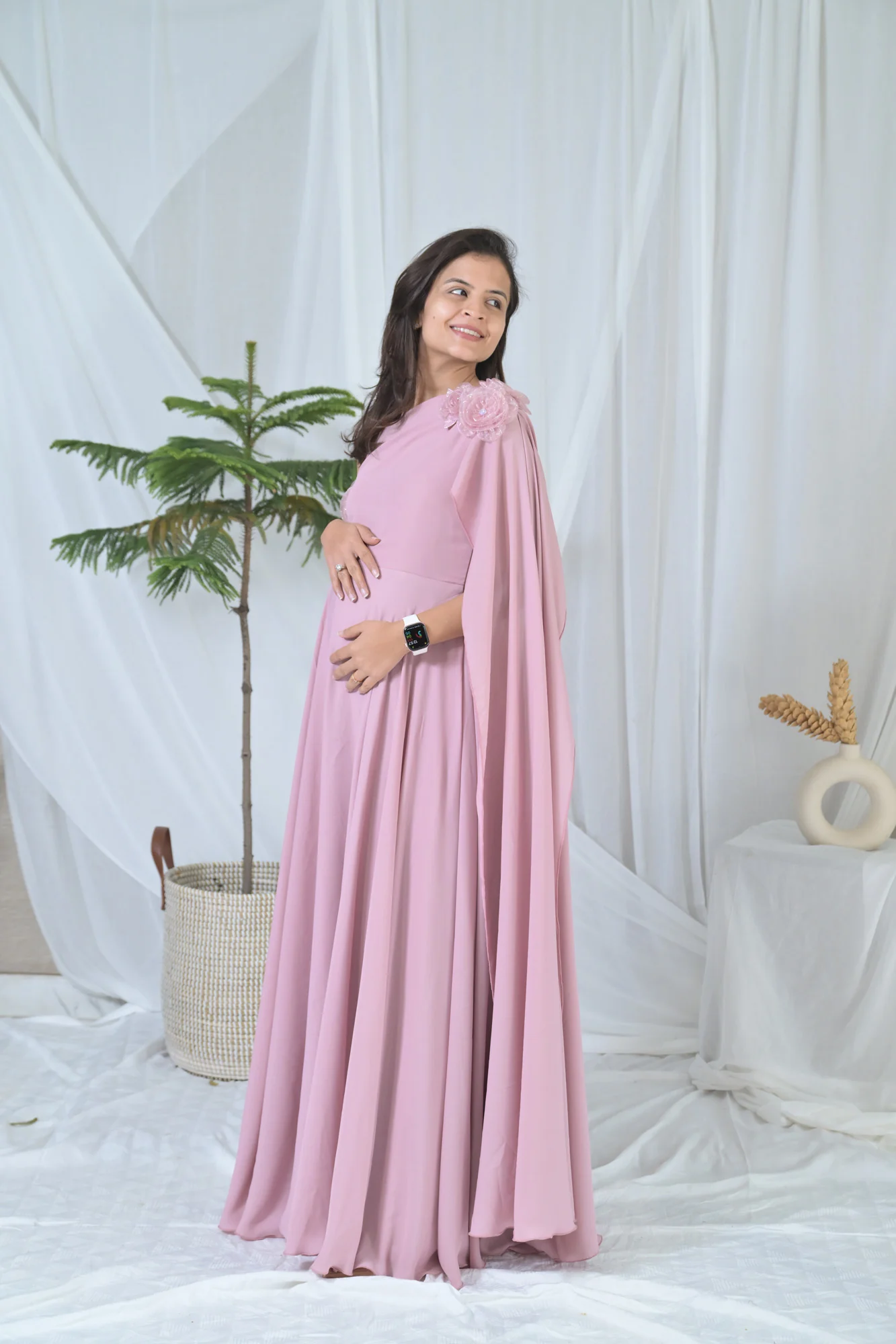 Luxe Rosewood Pink Maternity Satin Gown - Chenance