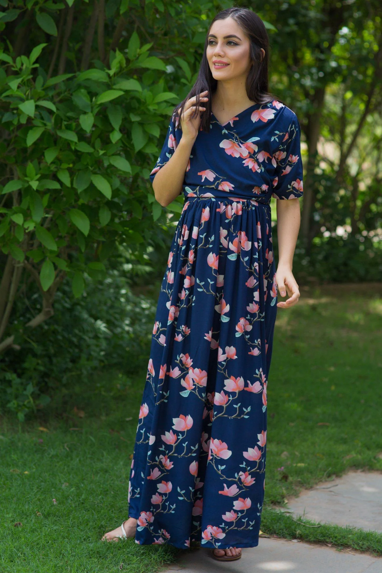 Serene Navy Blossom Maternity & Nursing Wrap Dress - Chenance
