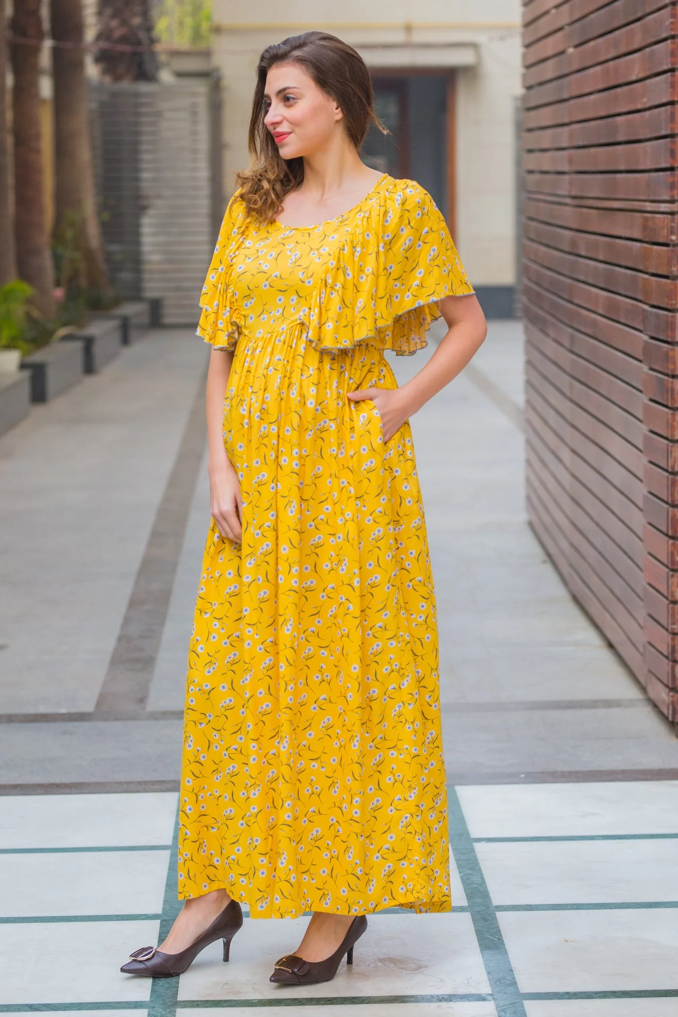 Serene Yellow Maternity & Nursing Flap Dress - Chenance