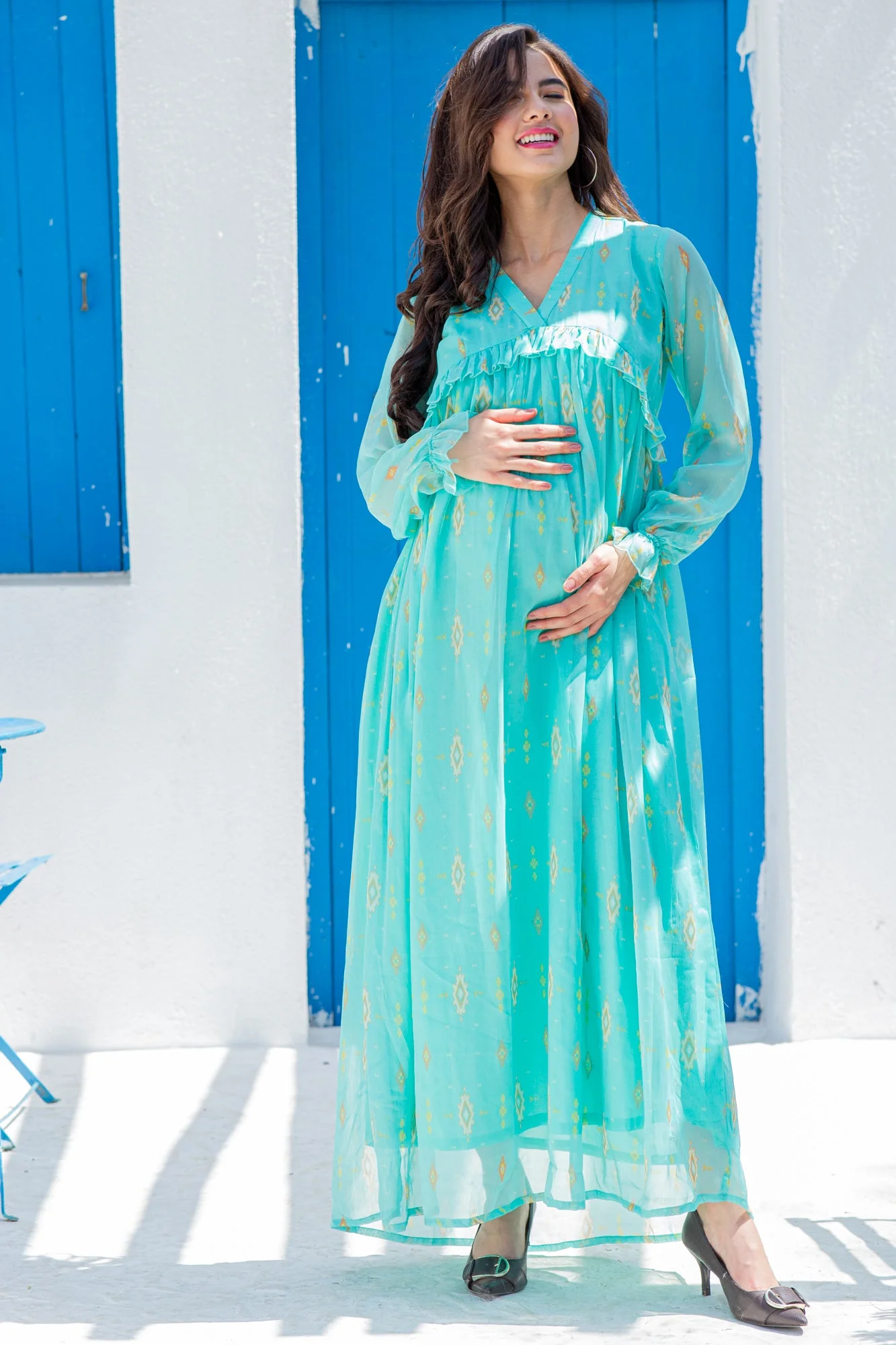 Peacock Blue Maternity Frill Pocket Dress - Chenance