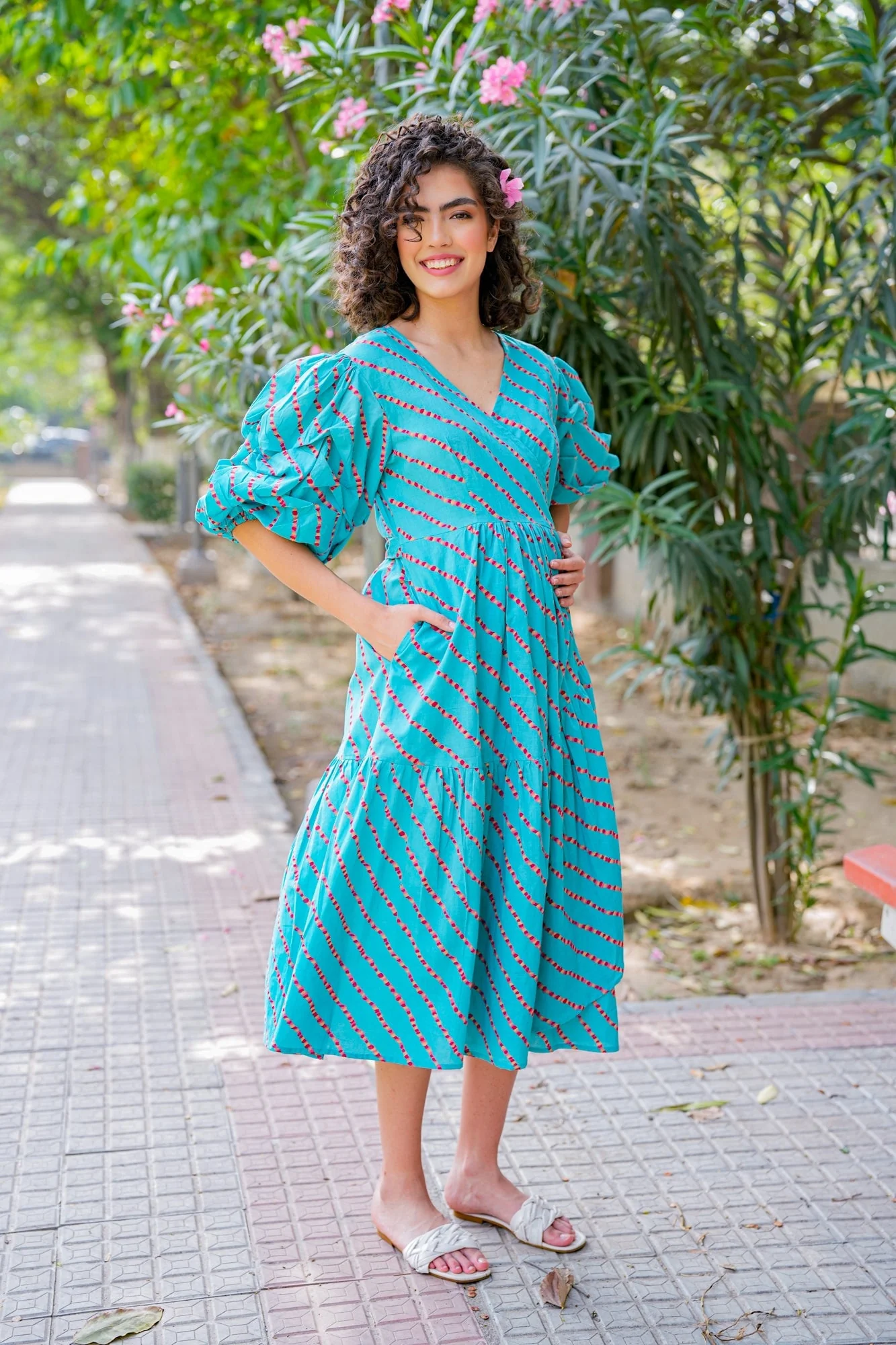 Charming Cerulean Blue Maternity & Nursing Frill Wrap Dress (100% Cotton) - Chenance