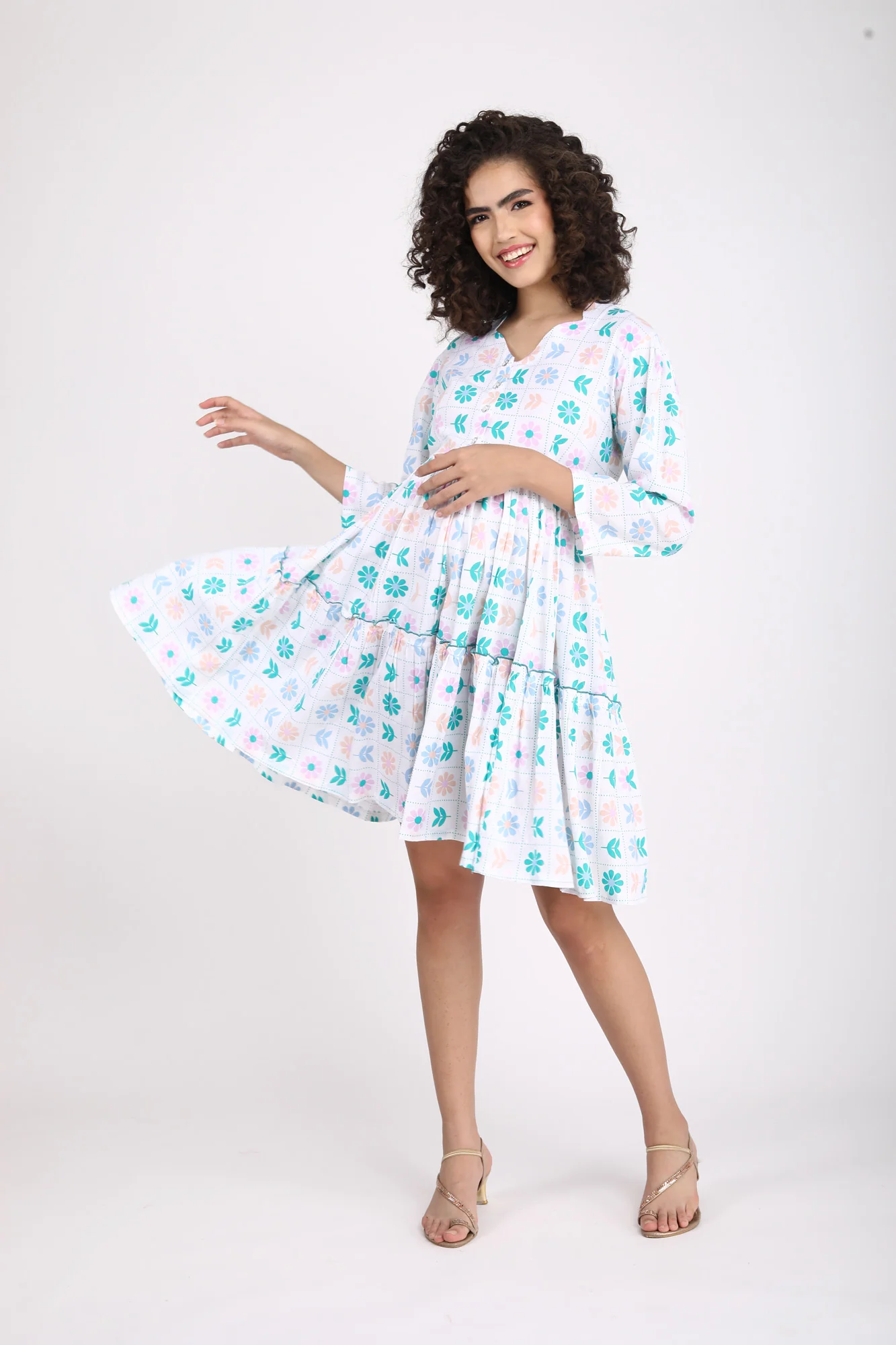 Calming White Maternity & Nursing Gathered Dress - Chenance