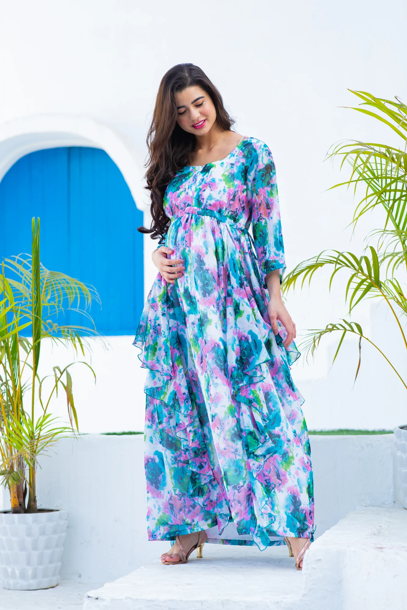Luxe Vibrant Cascading Floral Maternity & Nursing Flow Dress - Chenance
