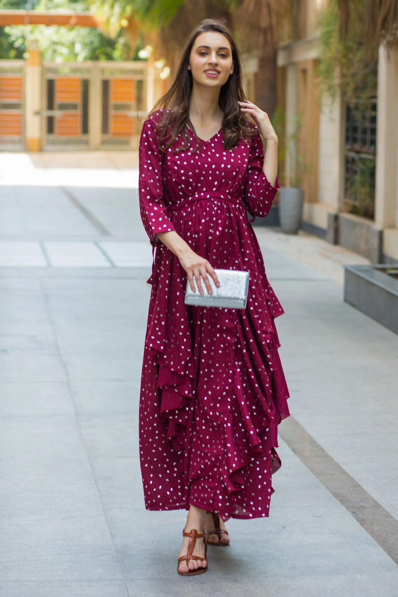 Burgundy Silver Embellished Maternity Flow Dress - Chenance