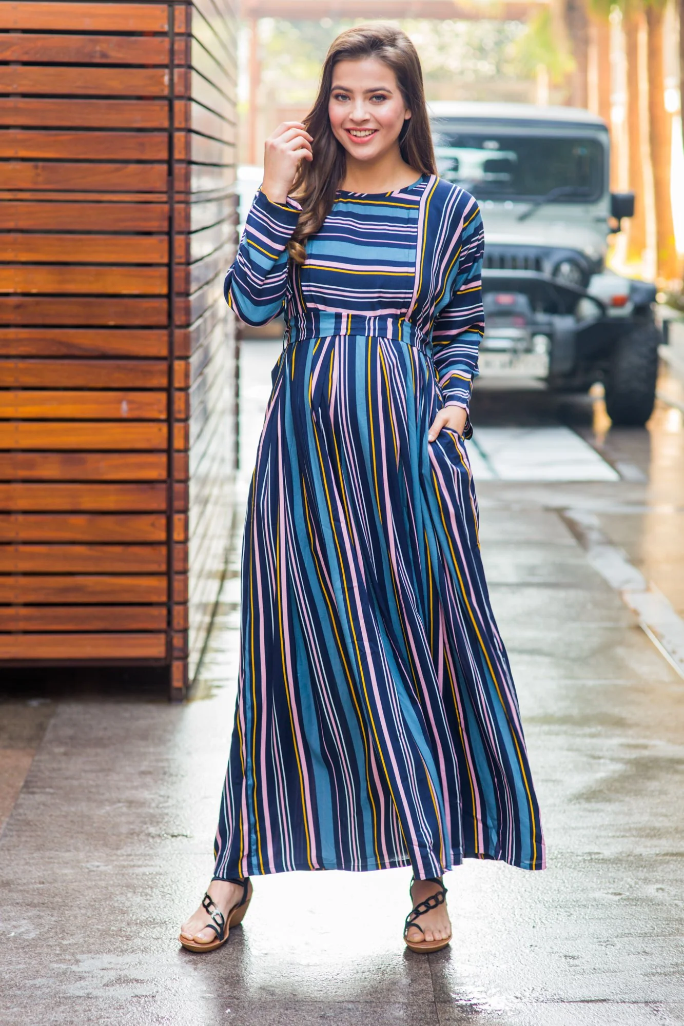 Azure & Peach Soft Viscose Maternity & Nursing Maxi Dress - Chenance