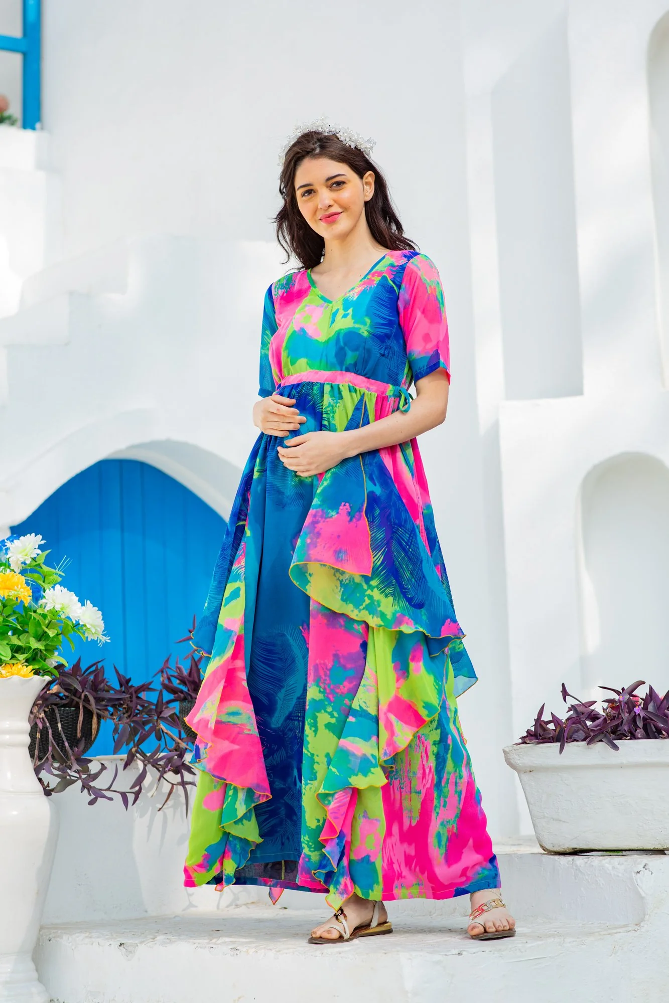 Vibrant Rainbow Maternity Flow Dress - Chenance