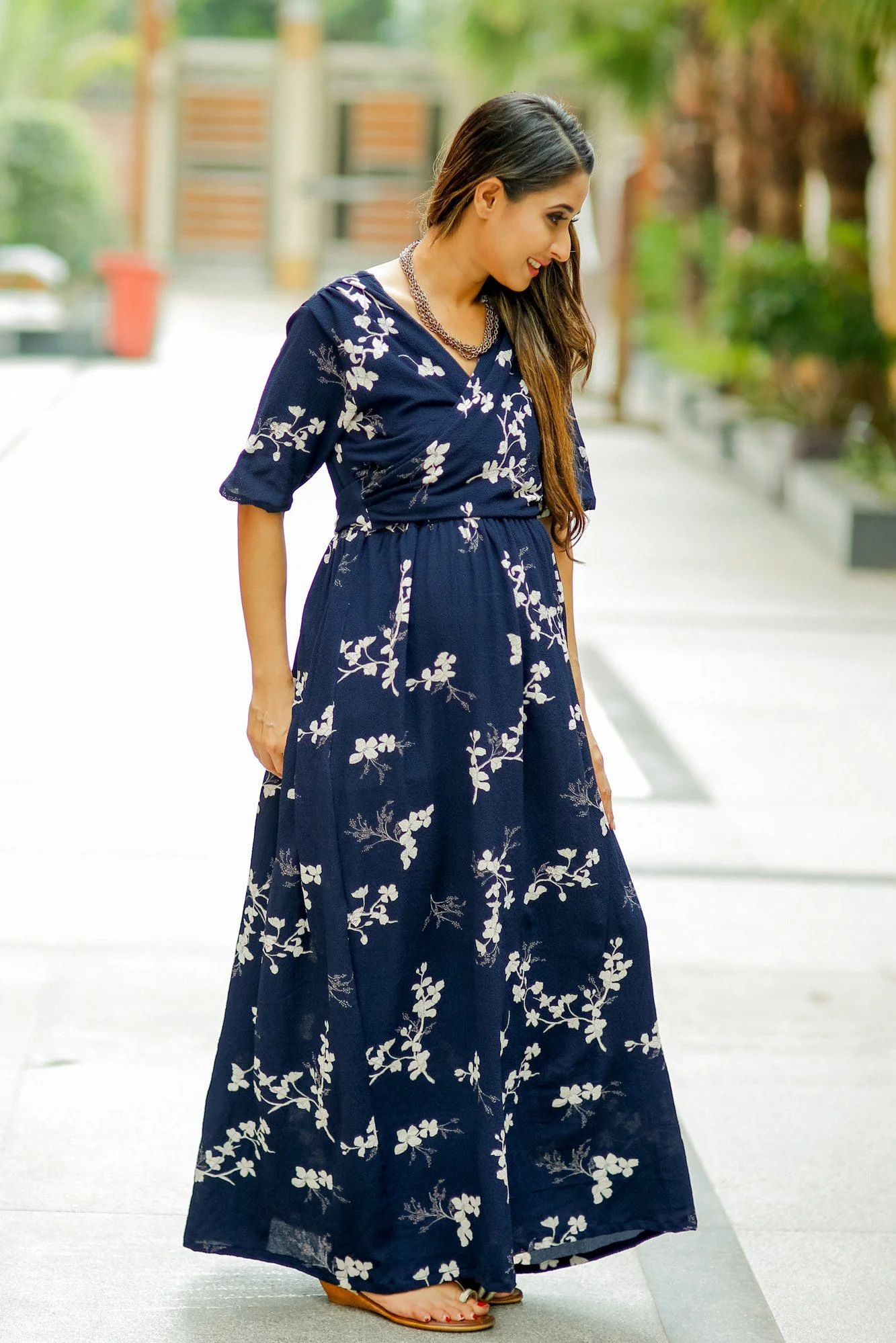 Luxe Navy Pearl Bubble Georgette Maternity & Nursing Wrap Dress - Chenance