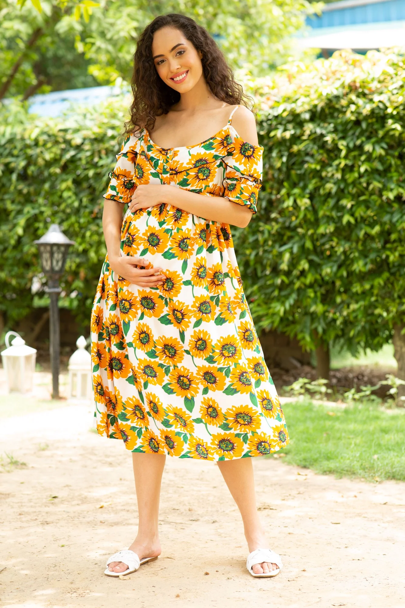 Merry Blossom Yellow Off Shoulder Front Zip Maternity & Nursing Dress - Chenance