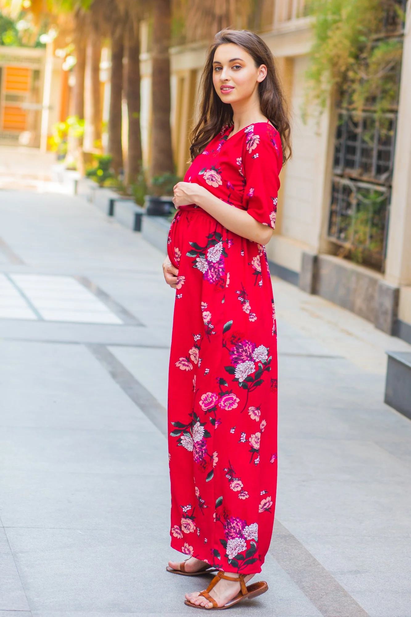 Luxe Red Floral Bubble Georgette Maternity & Nursing Wrap Dress - Chenance