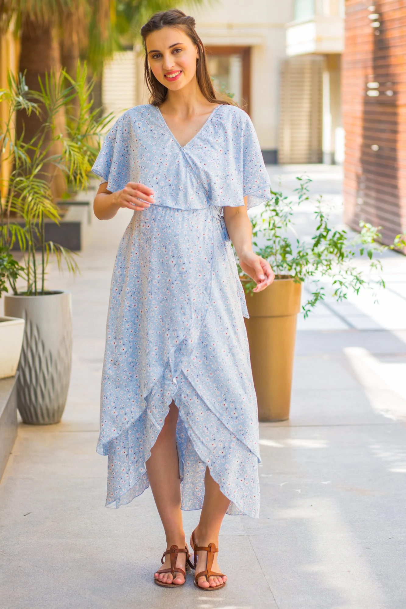 Pastel Blue Floral Maternity & Nursing Layer Dress - Chenance