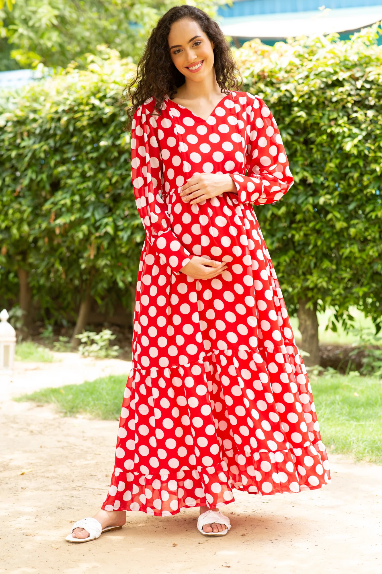 Playful Red Polka Maternity & Nursing Dress - Chenance
