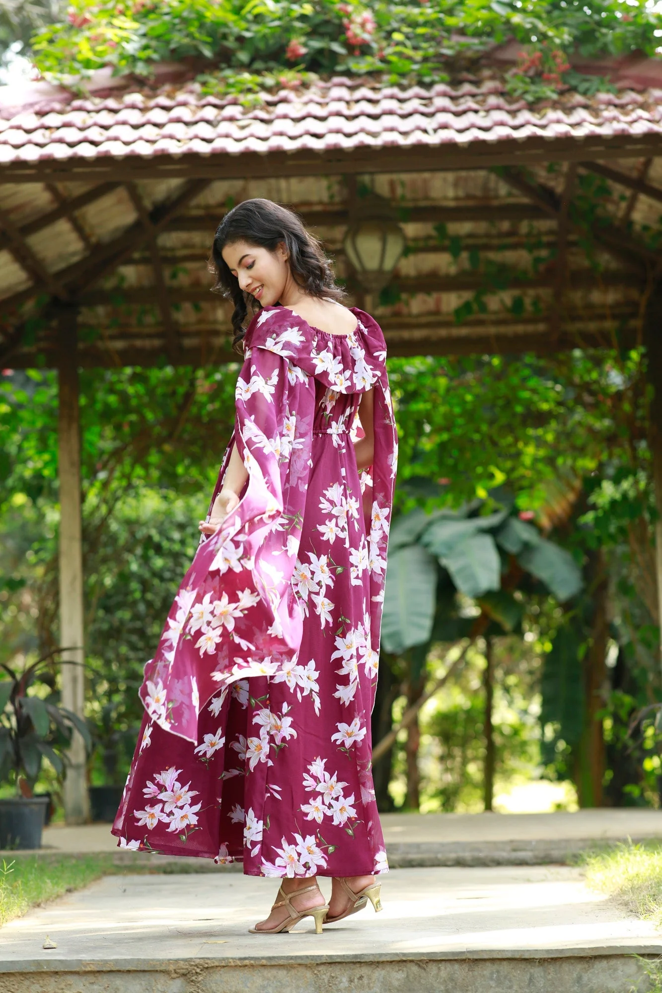 Burgundy Cascading Floral Flying Sleeves Maternity & Nursing Dress - Chenance