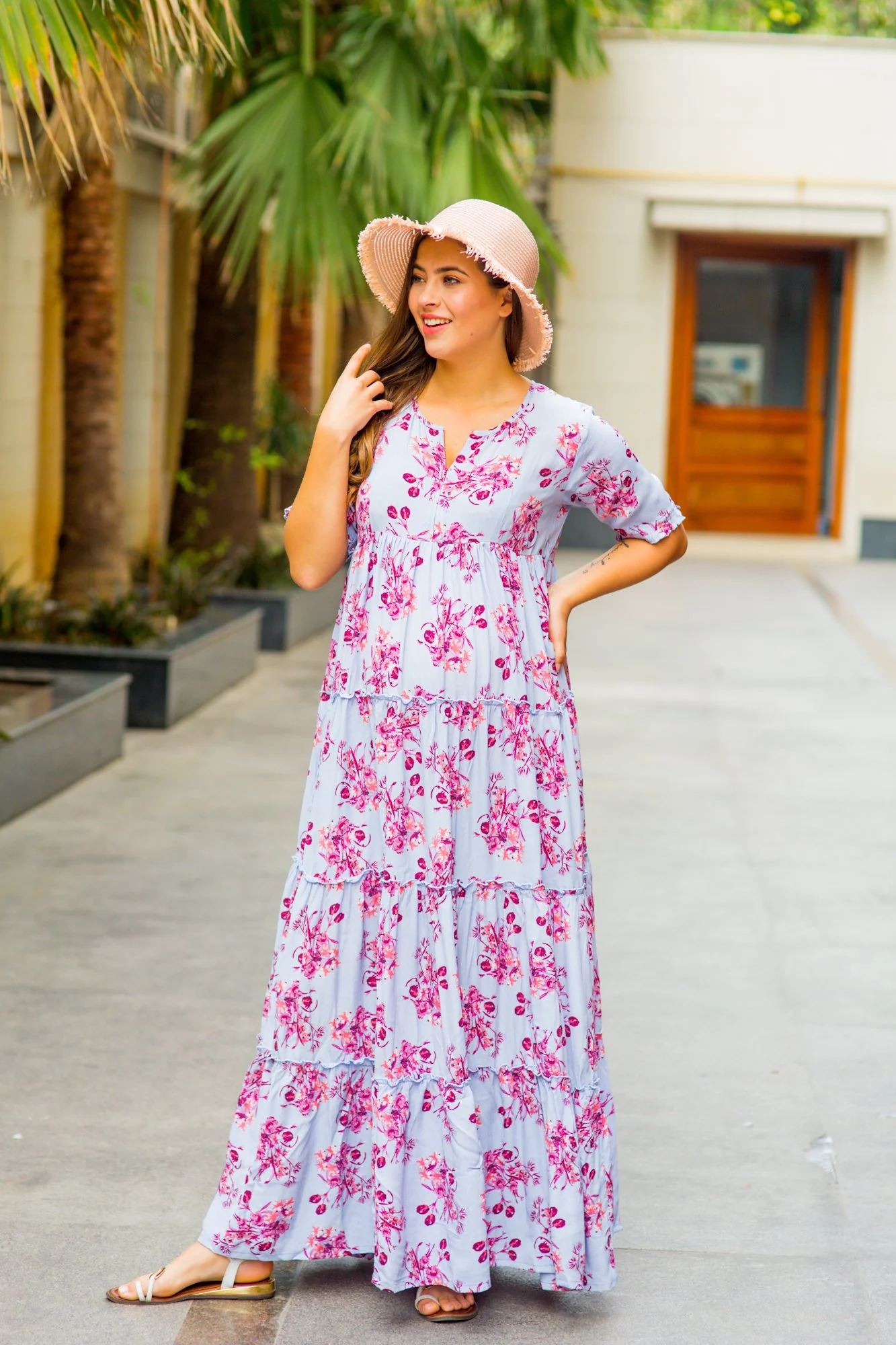 Multilayer Cyan Blue Frill Maternity & Nursing Dress - Chenance