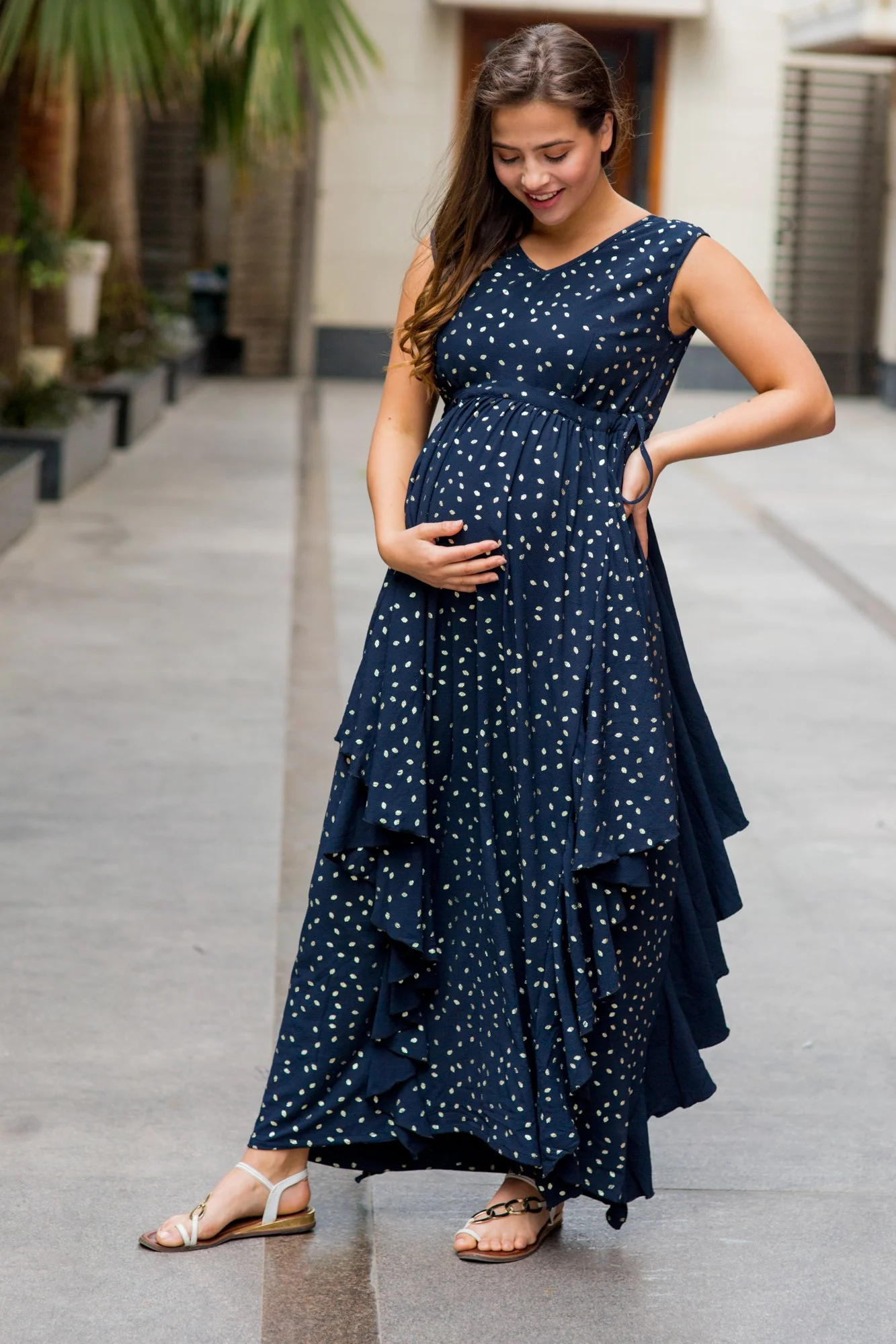 Luxe Navy Gold Speckle Embellished Maternity Flow Dress - Chenance