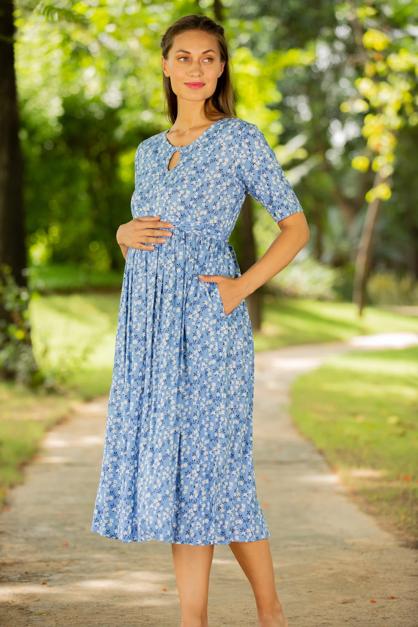 Pastel Blue Concealed Zips Maternity & Nursing Dress - Chenance
