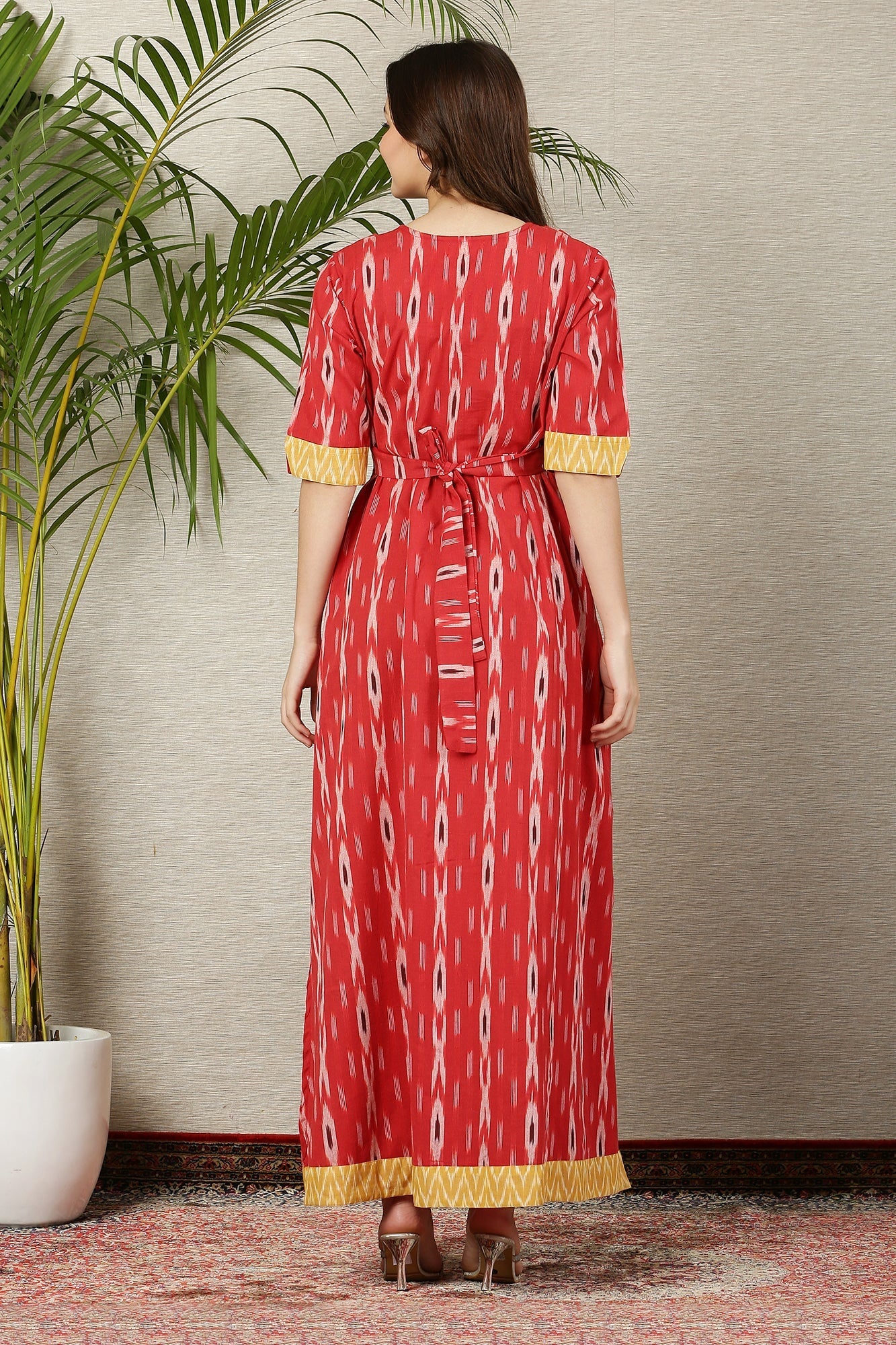 Pleasing Crimson Ikat Side Slit Long Maternity & Nursing Dress (100% Cotton) - Chenance