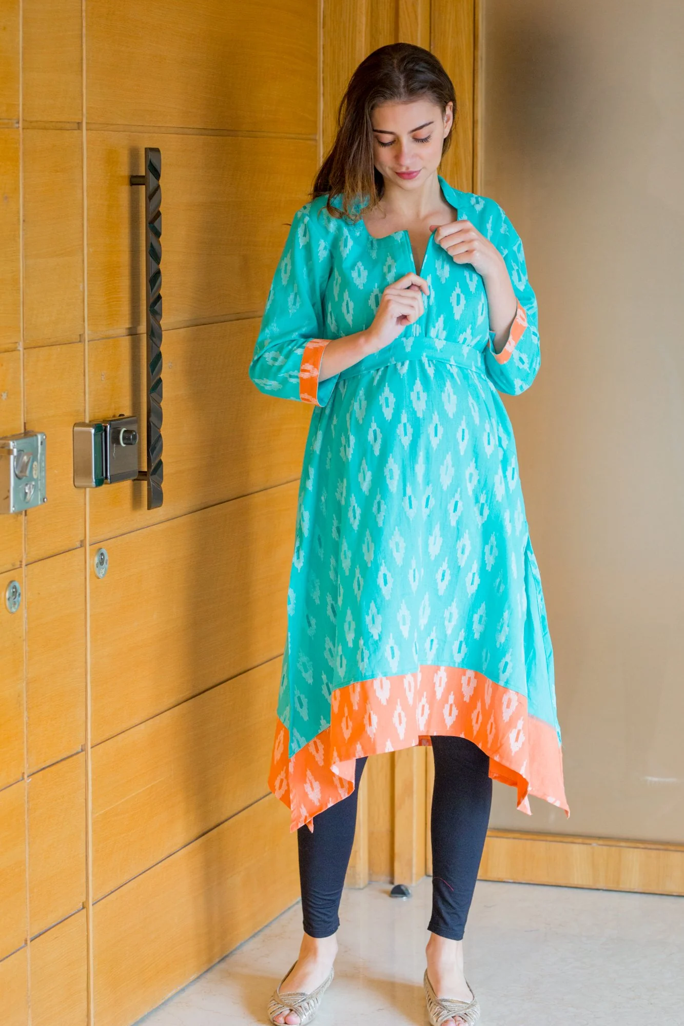 Peachy Mint Front Zip Ikat Nursing Kurta - Chenance