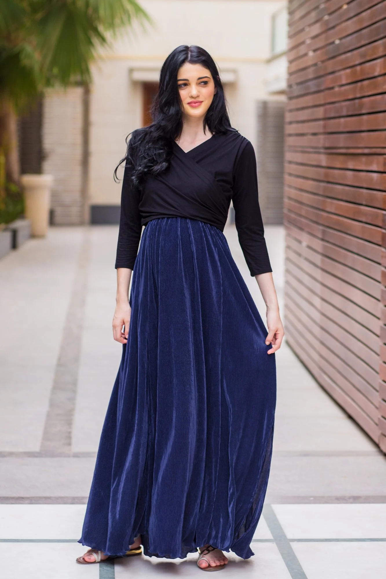 Luxe Navy Pleated & Nursing Wrap Dress - Chenance