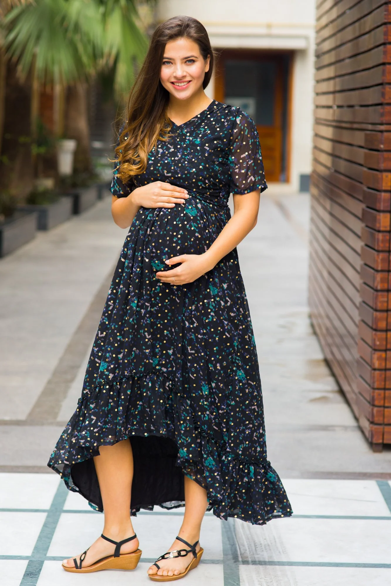 Midnight Gold Embellished Hi-Low Maternity & Nursing Wrap Dress - Chenance