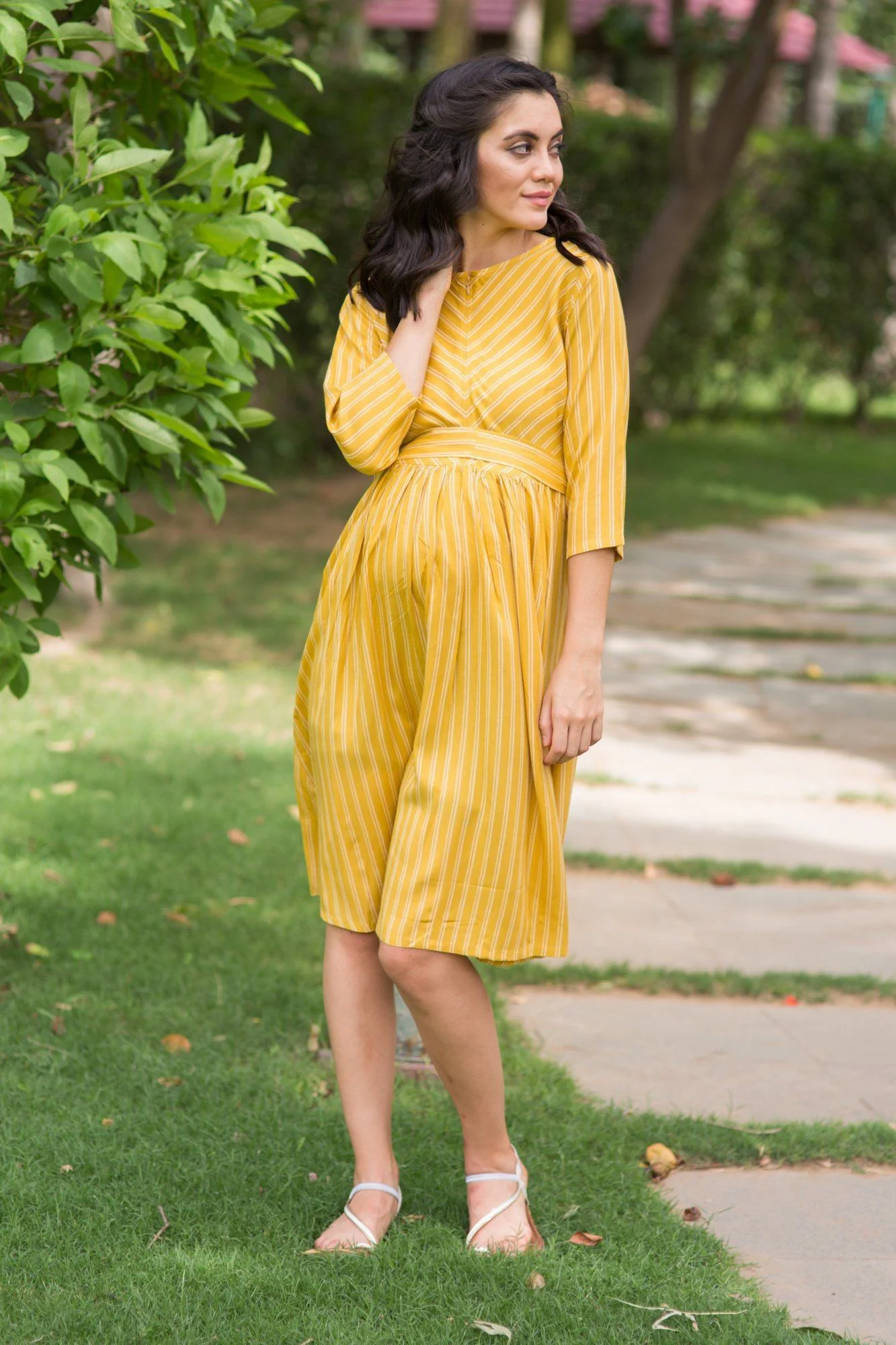 Mustard Striped Maternity & Nursing Swing Dress - Chenance