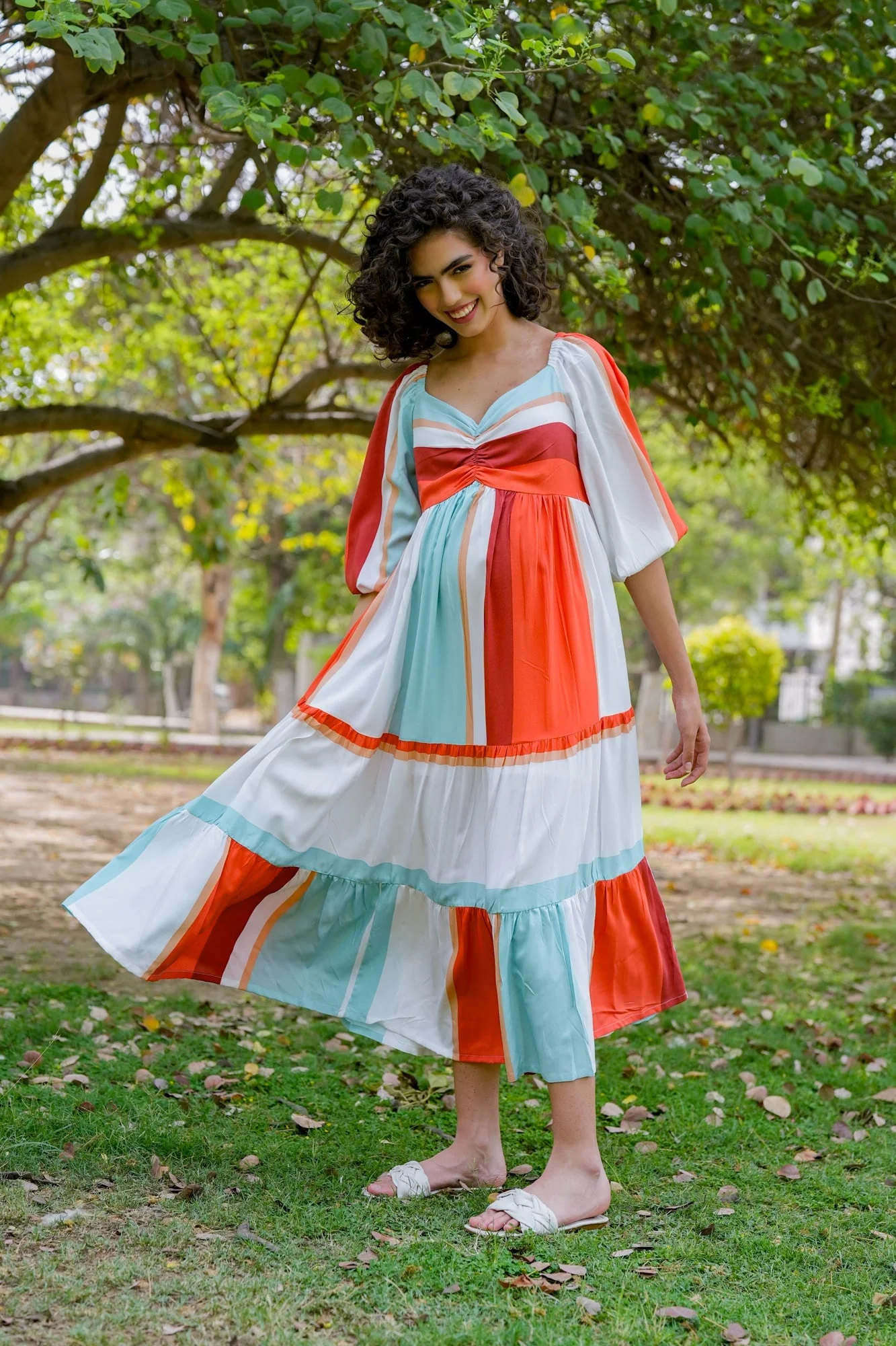 Cascading Retro Rust Ice Blue Striped Maternity Gathered Dress (100% Cotton) - Chenance