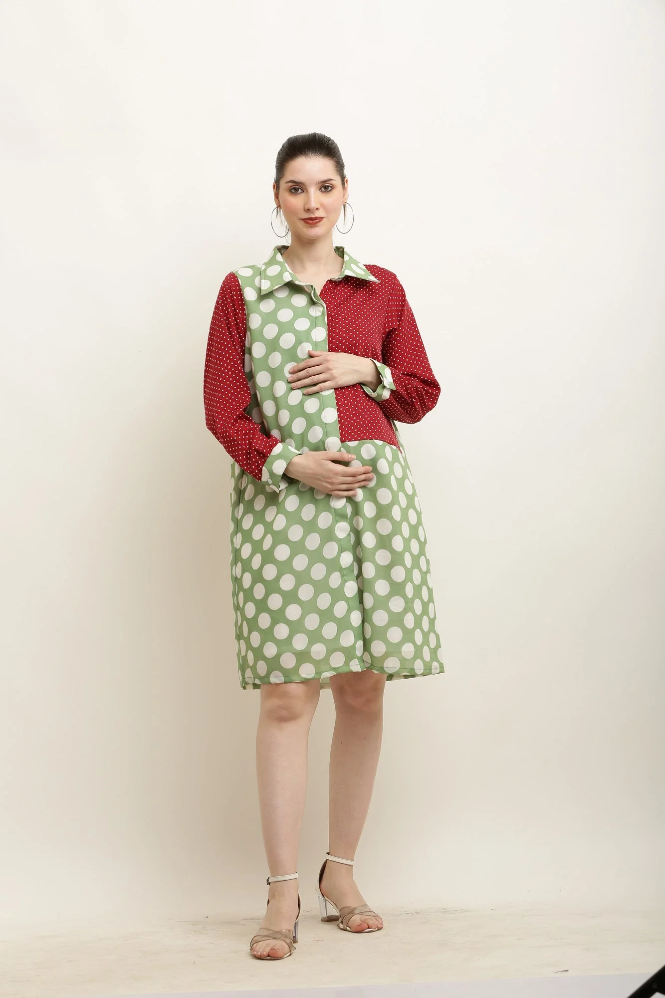 Merry Polka Printed Red-Green Shirt Dress - Chenance