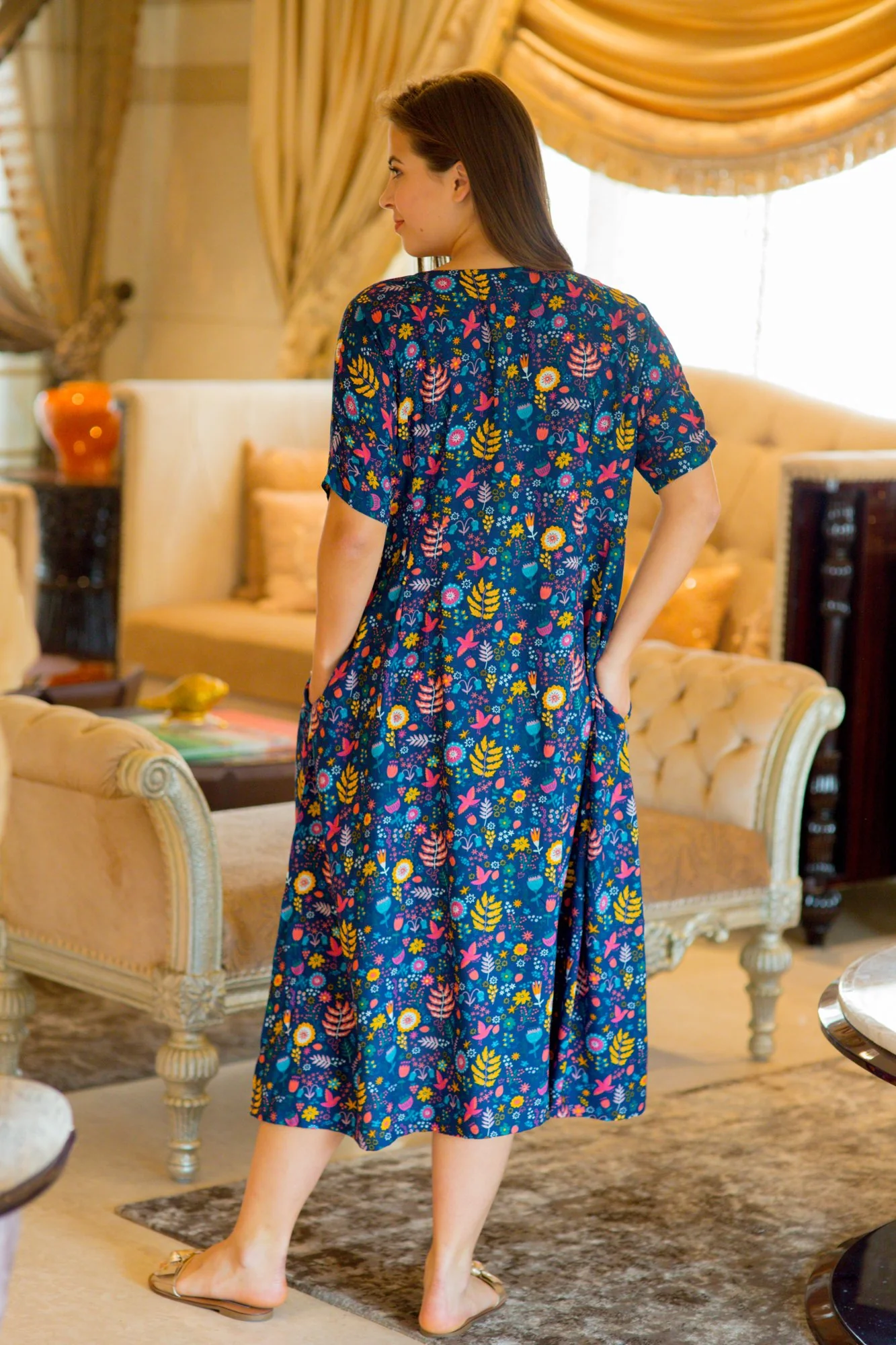 Midnight Blue Shoulder Snap Maternity & Nursing Dress / Delivery Gown/ Night Dress - Chenance