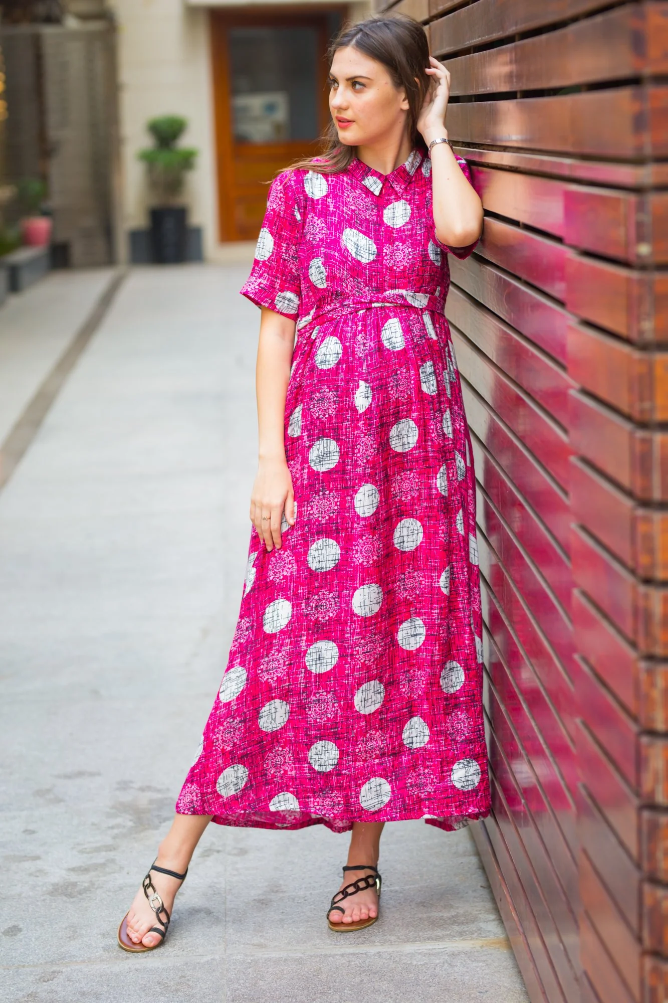 Magenta Polka Maternity & Nursing Kurta Dress - Chenance