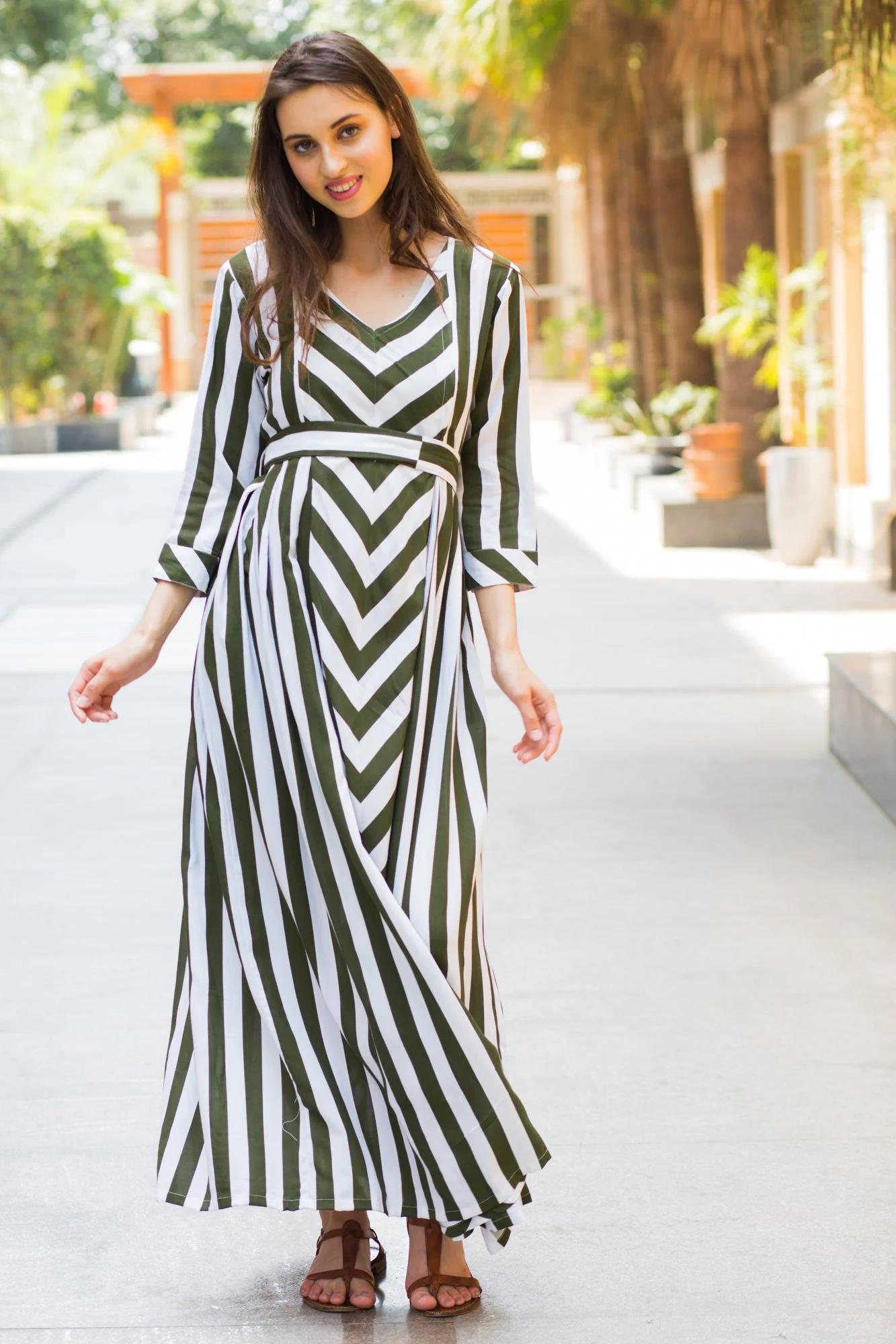 Olive Striped Maternity & Nursing Dress - Chenance