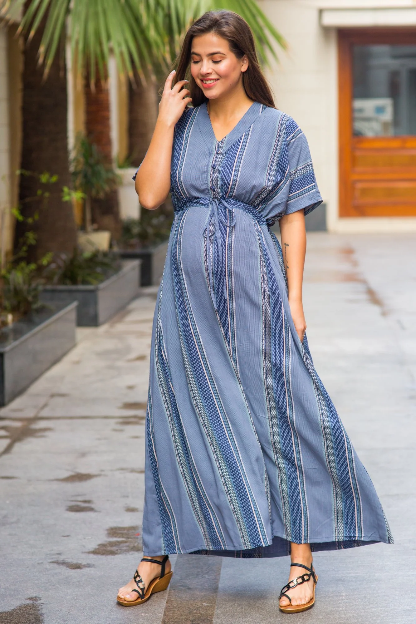 Kimono Indigo Stripe Maternity & Nursing Dress / Delivery Gown/ Night Dress - Chenance